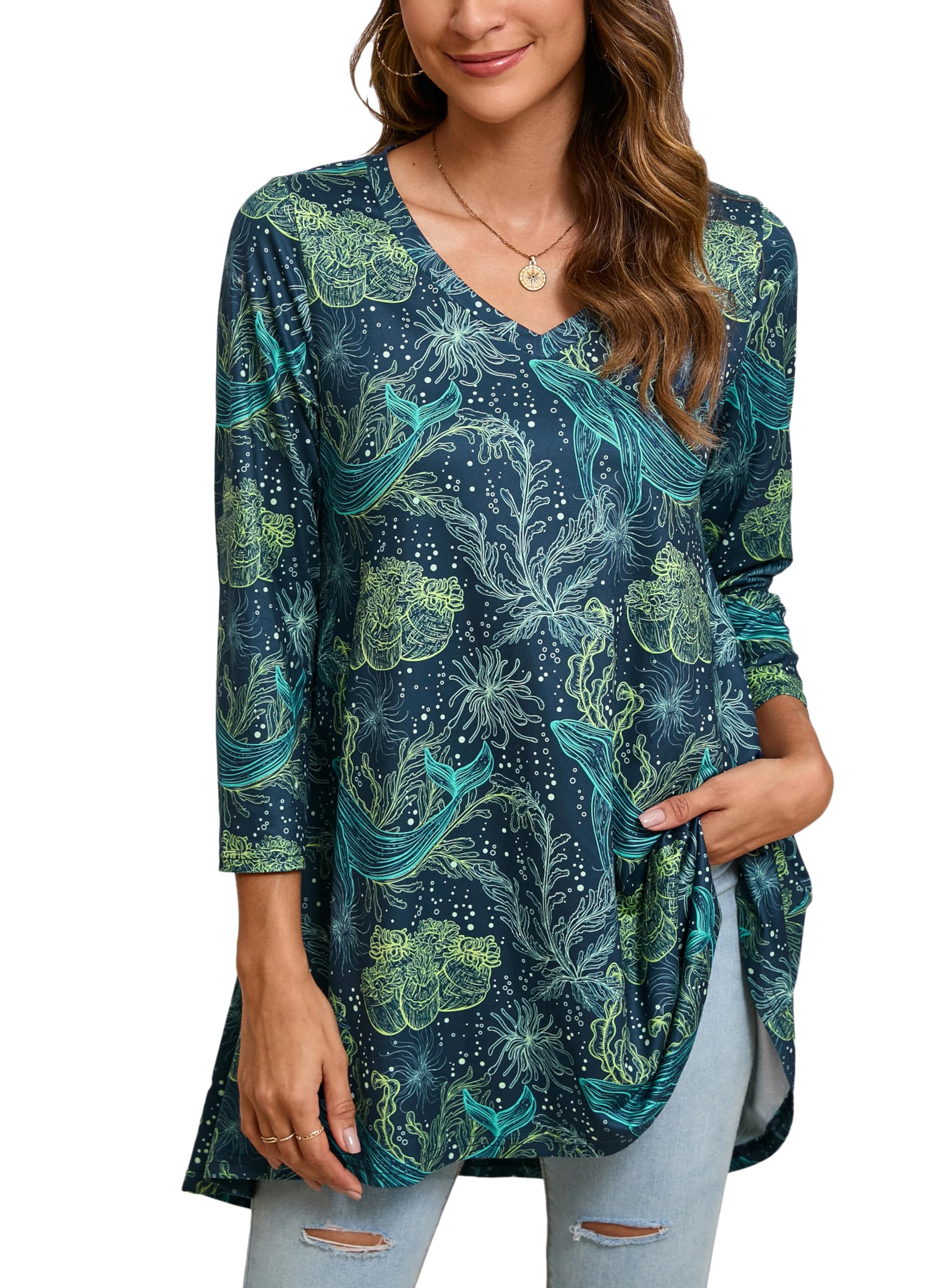 ENMAIN Womens Tunic Plus Size 3/4 Sleeve Tops to Wear with Leggings Casual Long Swing Blouses Shirts Loose Fit Dressy