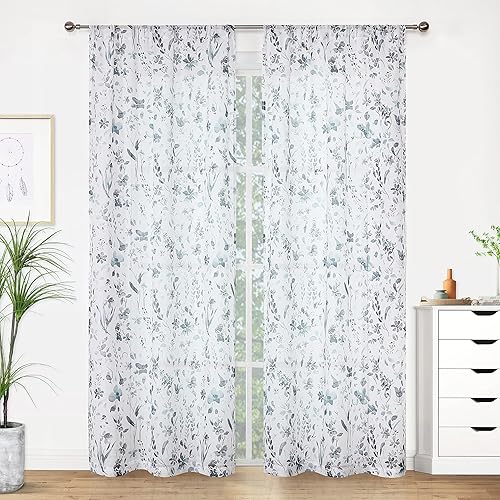 Fragrantex Cortinas traslúcidas de acuarela floral azul y gris de 84 pulgadas de largo para sala de estar, estampado botánico, tela texturizada de