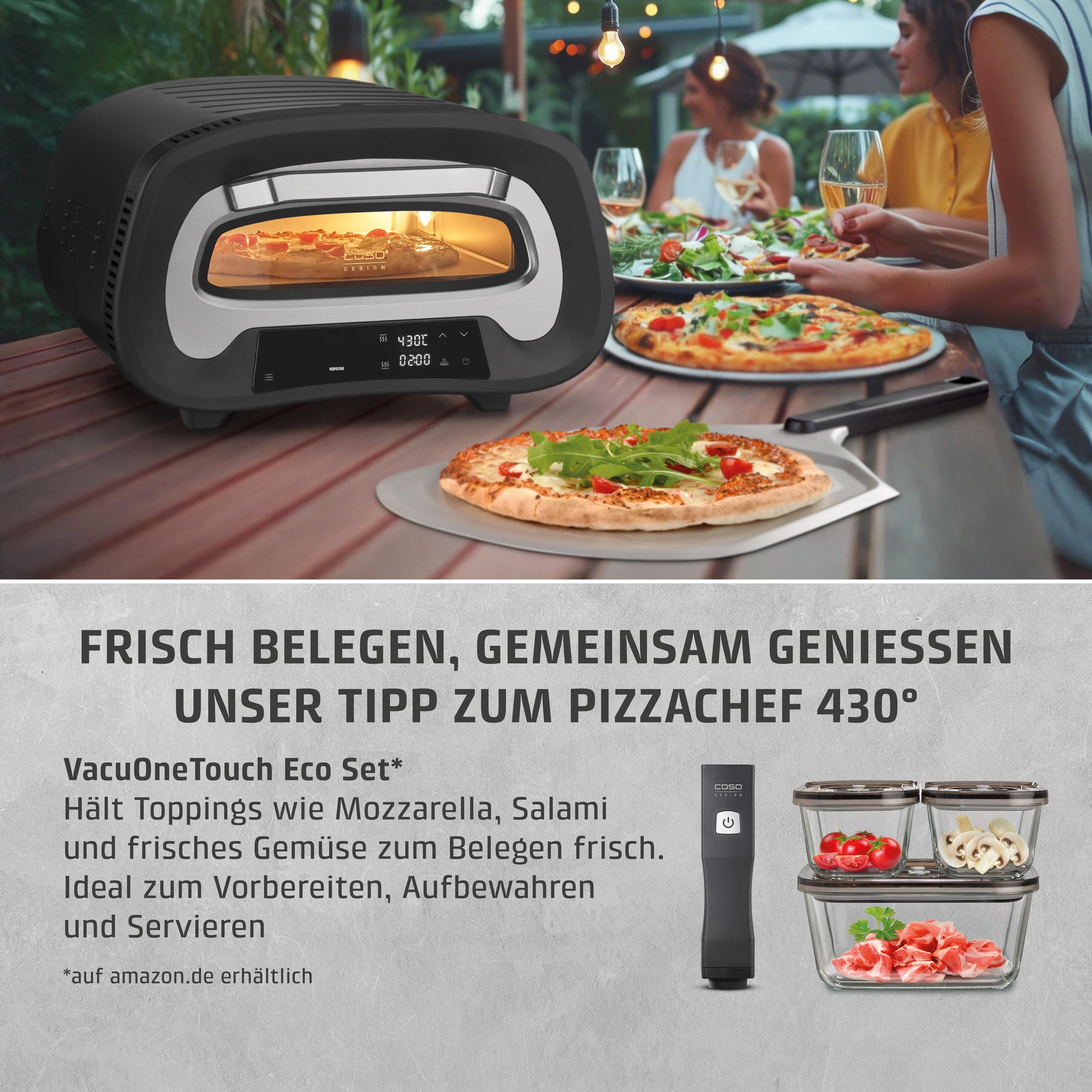 CASO PizzaChef 430° - elektrischer Pizzaofen, 80-430°C, mit Pizzastein | 8 Automatikprogramme, Cordierit Pizzastein (33x33cm), einstellbare Heizelemente, Innenraumbeleuchtung, Timer, Edelstahl