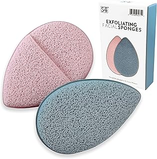 S&T INC. Face Sponges for Cleansing, Exfoliating Face Scrubber and Reusable Makeup Remover, Blue and Pink, 2 Pack