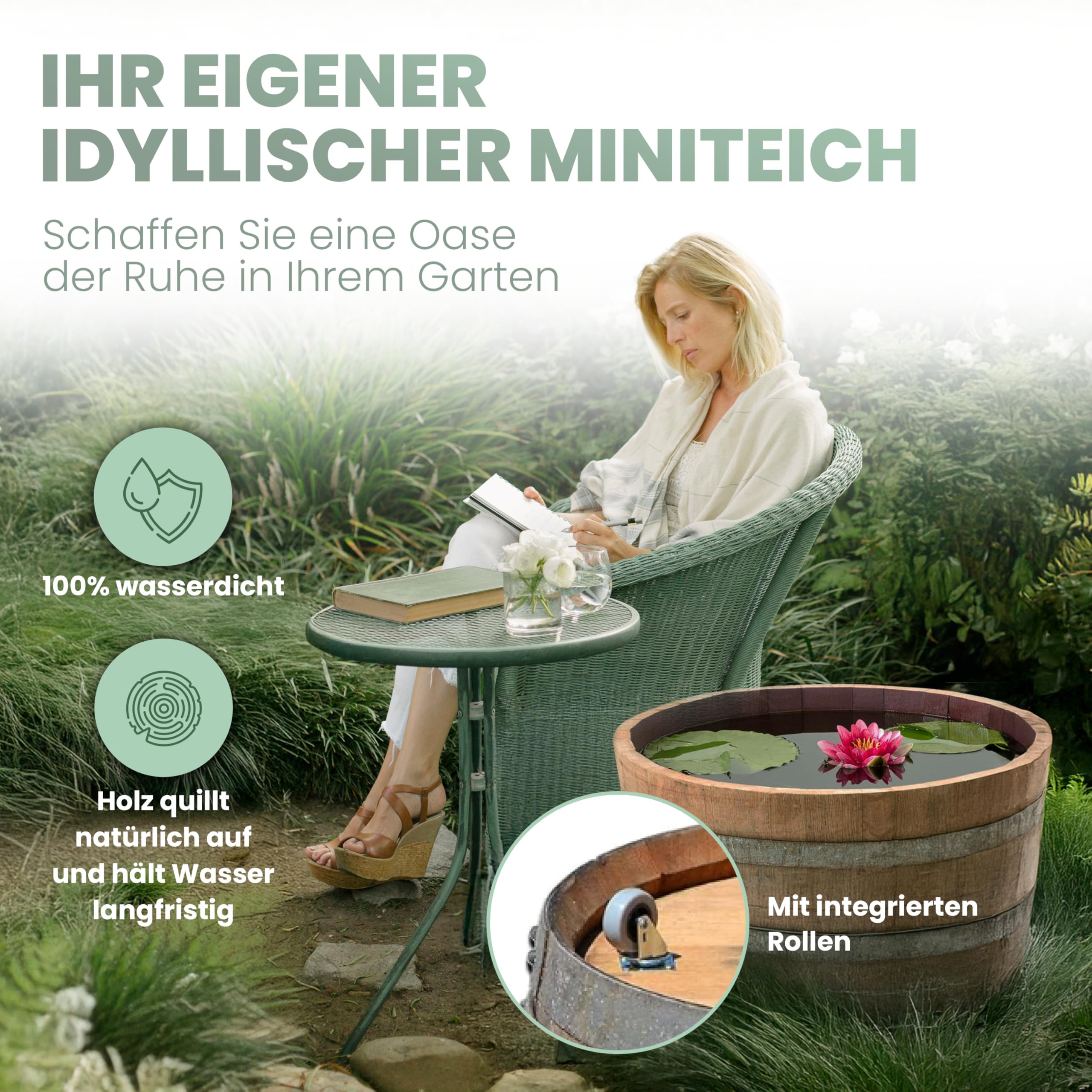 Temesso Blumentopf, Blumenkübel, Holzfass als Pflanzkübel, Weinfass halbiert mit Rollen D70cm H40cm; Original Fass