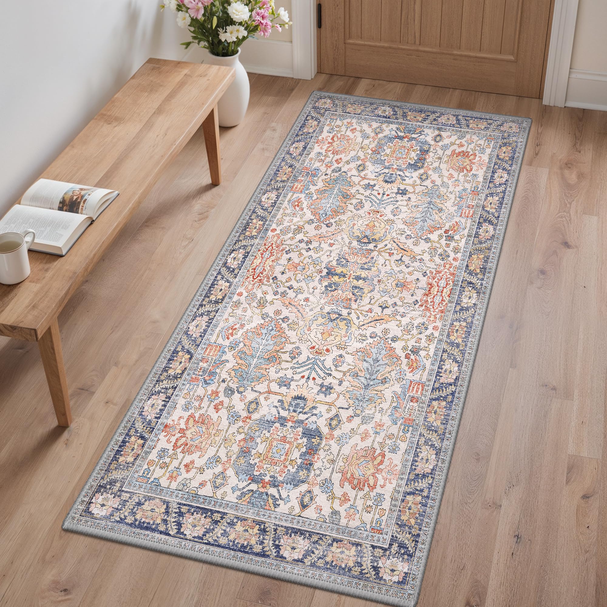 BEIMO Runner Rugs for Hallway 80x150cm, Non-Slip Washable Rug Soft Low Pile, Nursery Rug Boho Design Carpet Runners for Entryway Kitchen Laundry Room, Retro Floral Motifs Geometric, Terracotta — image 1