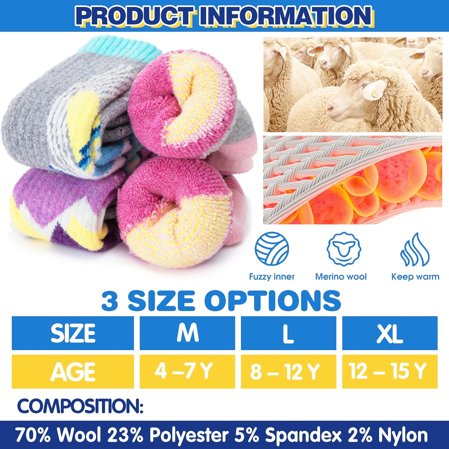 ANTSANG 3 Pairs Kids Merino Wool Ski Socks Boys Girls Thermal Thick Warm Winter Cozy Socks for Skiing Snowboarding - Image 3