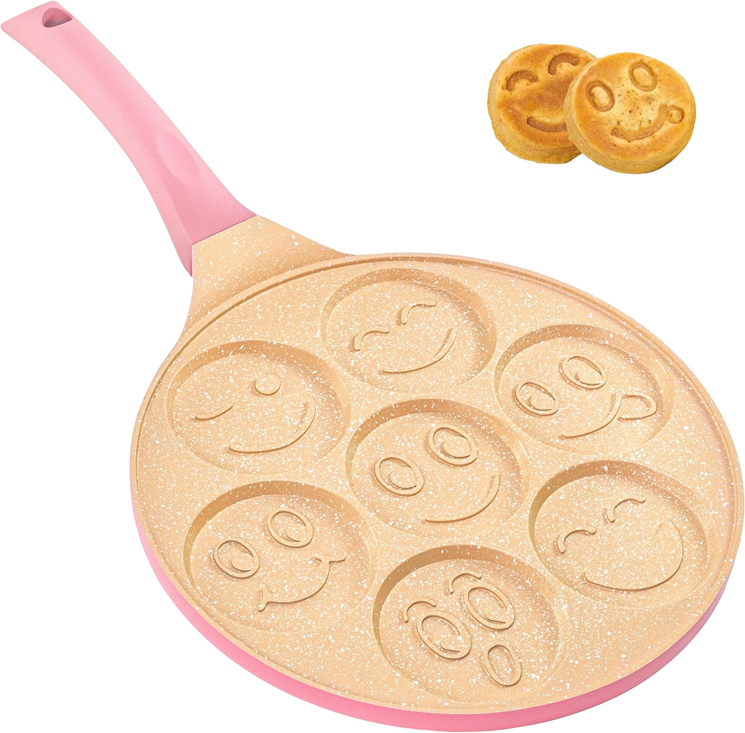 Bobikuke Smiley Face Pancake Pan, Pancake Frying Pan Non Stick, 7 Holes Mini Pancake Maker for