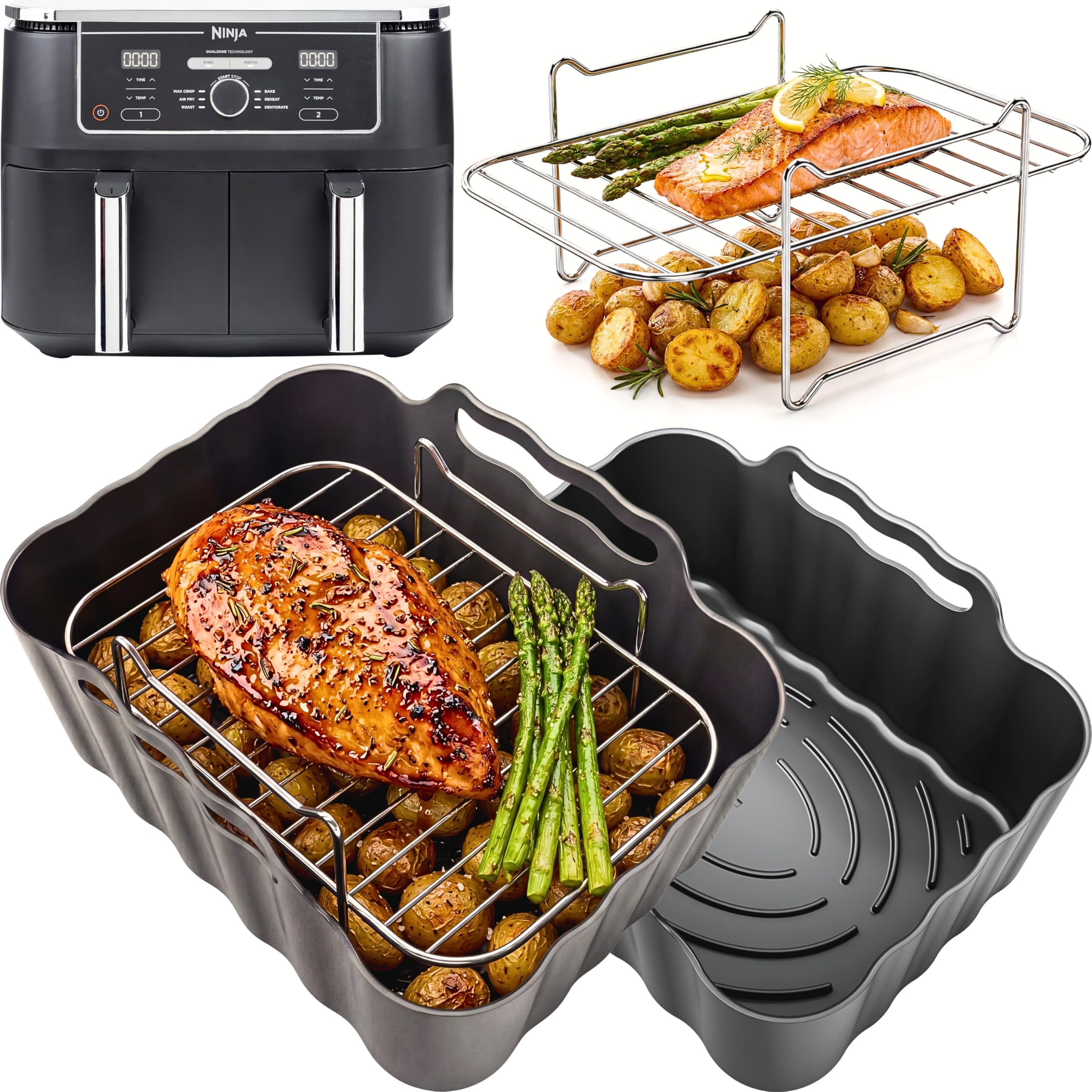 Premium Ninja AF400UK Accessories | 2 Silicone Liners & 304 Stainless Steel Racks + 4 Skewers | Dishwasher Safe | Air Fryer Liners & Racks | 8PCS 9.5L Ninja AF400UK Accessories | by iStock Ltd