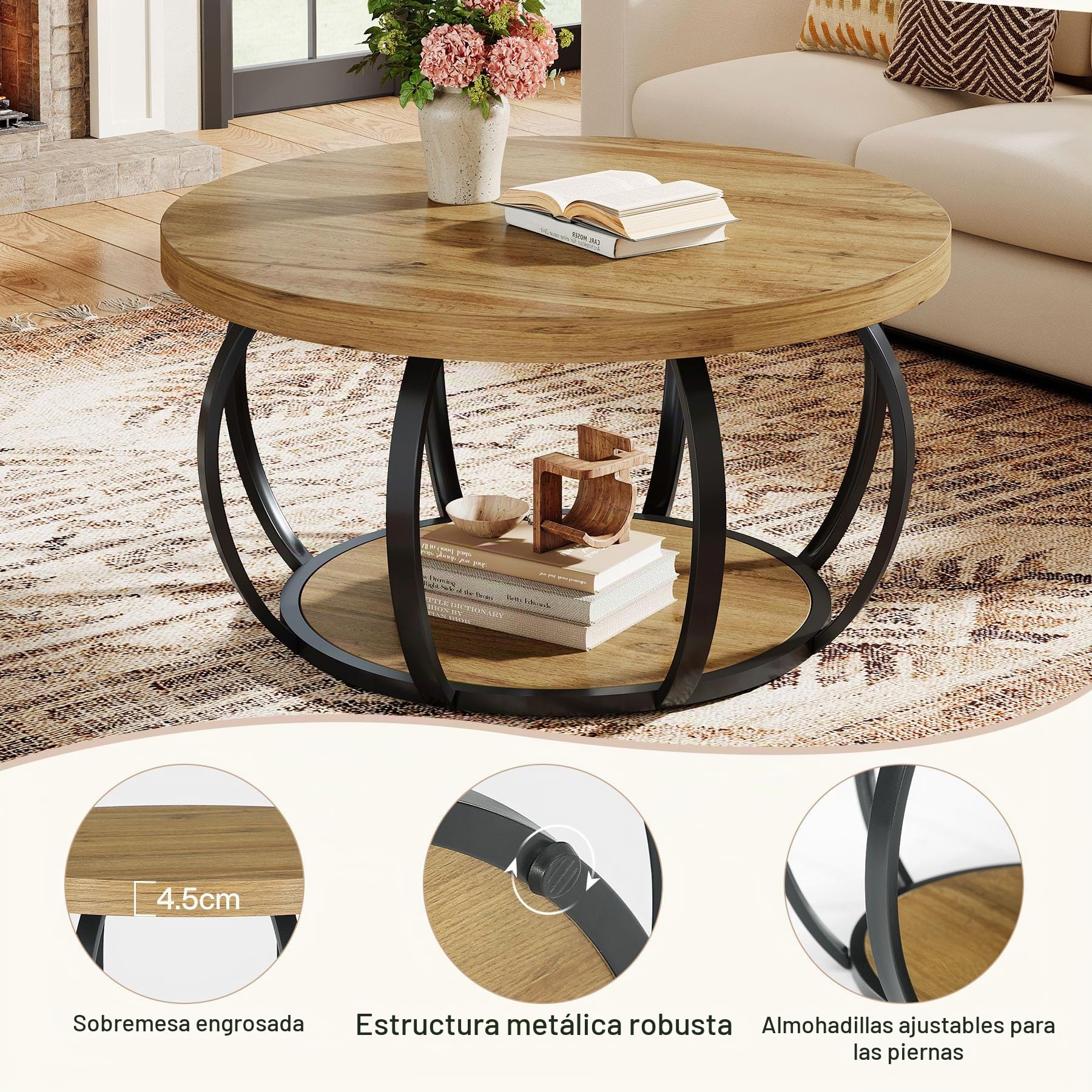 Tribesigns Mesa de centro redonda, Mesa de centro industrial de 2 niveles con estantes de almacenamiento, Moderno acento de madera central mesa sofá mesa auxiliar para sala de estar, oficina en casa