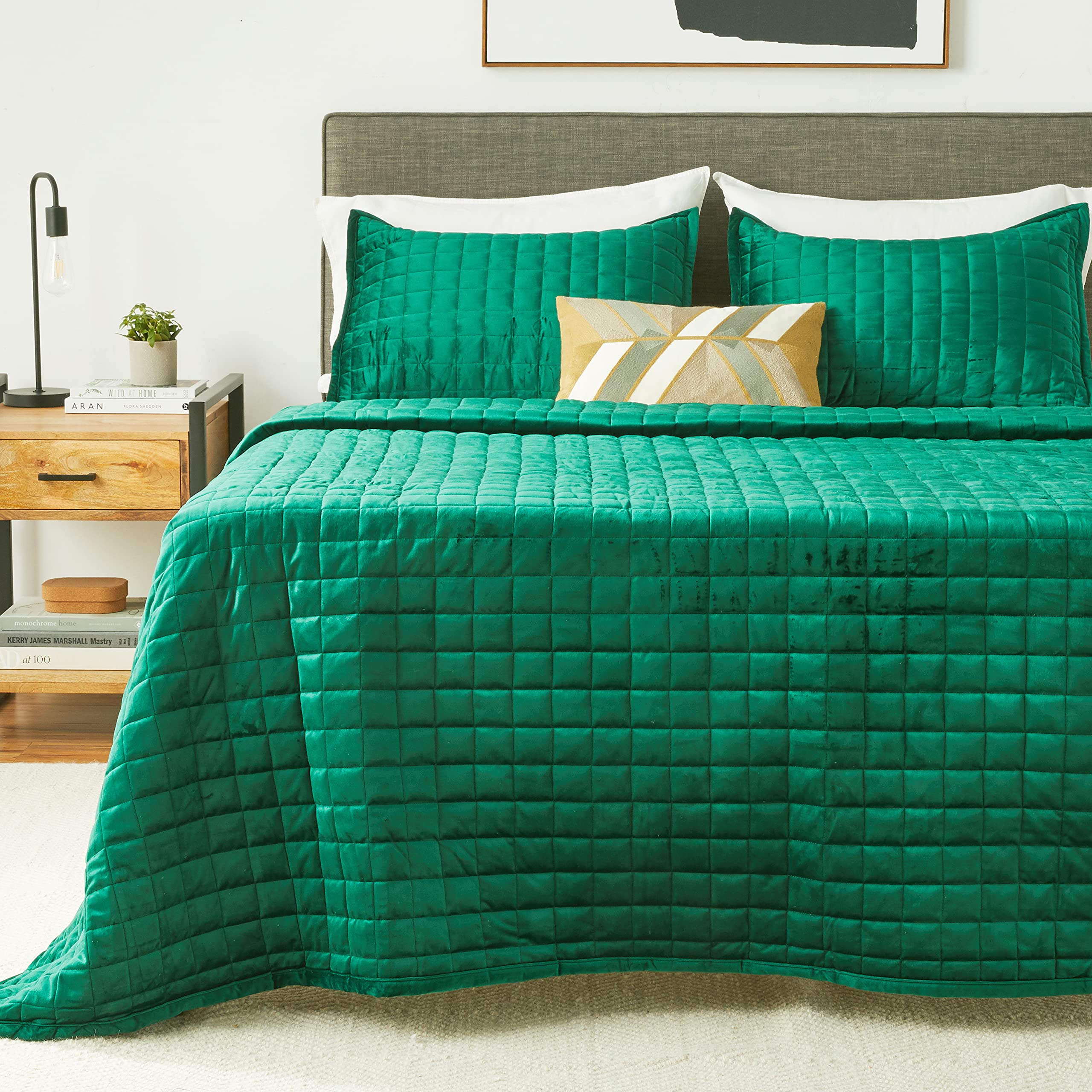 Tribeca Living Velvet King Quilt Set, ThreePiece Box Stitch Bedding