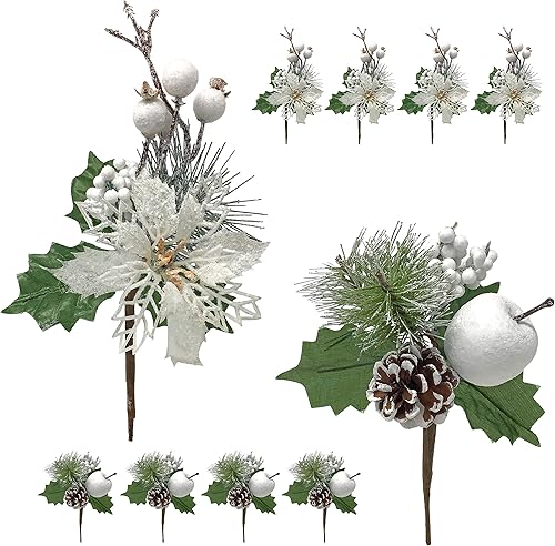 BANBERRY DESIGNS Juego de 10 púas para árbol de Navidad, piña, flor de pascua blanca flocada, manzana, bayas, cono de pino y vegetación, 5 cada uno2