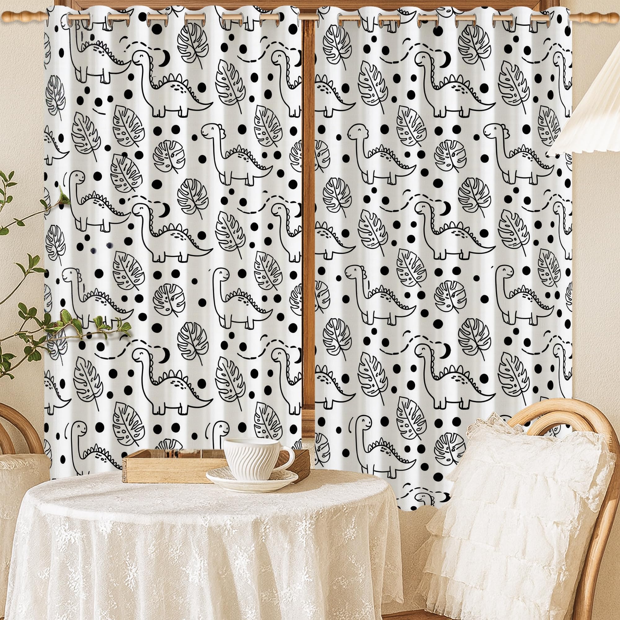 Rideaux occultants à isolation thermique pour salon, maison, bureau - Motif dinosaure - Motif à pois - 132 x 137 cm - Noir