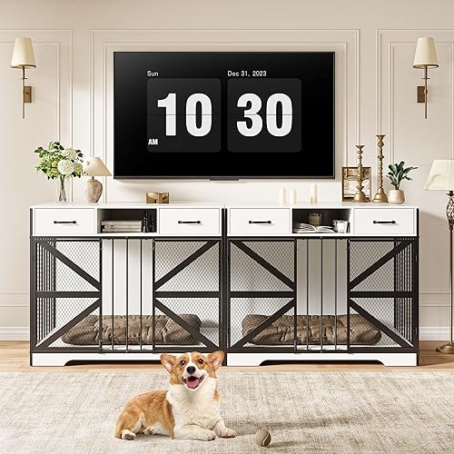 Miniatura 9 de Mueble grande de 44 pulgadas para jaula para perros, soporte de madera resistente para TV con 2 cajones, muebles decorativos multifuncionales