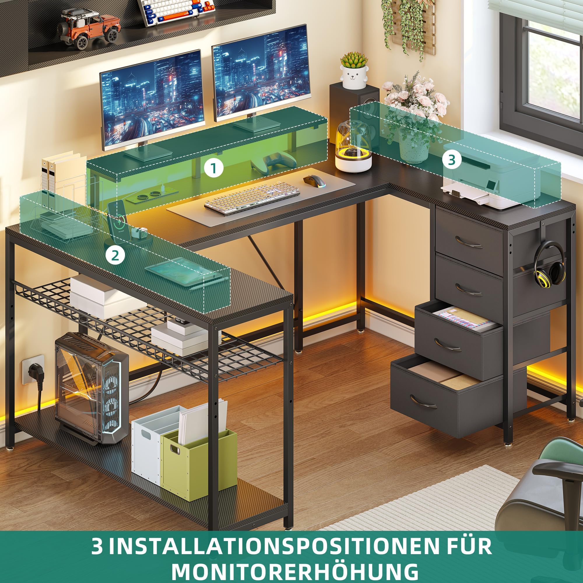 YITAHOME Computer Schreibtisch 158 x 100 cm, Gaming Tisch mit Steckdosen & LED-Lichter, Reversibler Eckschreibtisch mit Regalen, Computertisch schubladen & Stauraumfür Home Office, Schwarz
