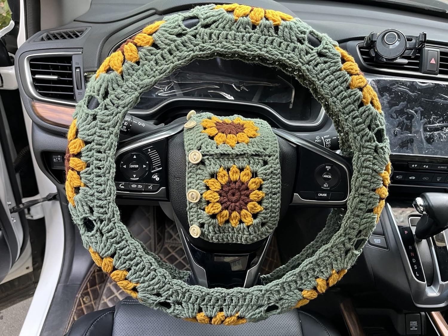 Handmade Crochet Sunflower Flower Car Steering Wheel Covers Universal 14-15 inch for Women and Men (Wheel Covers+2belt Covers+2Car Coasters+Strawberry)