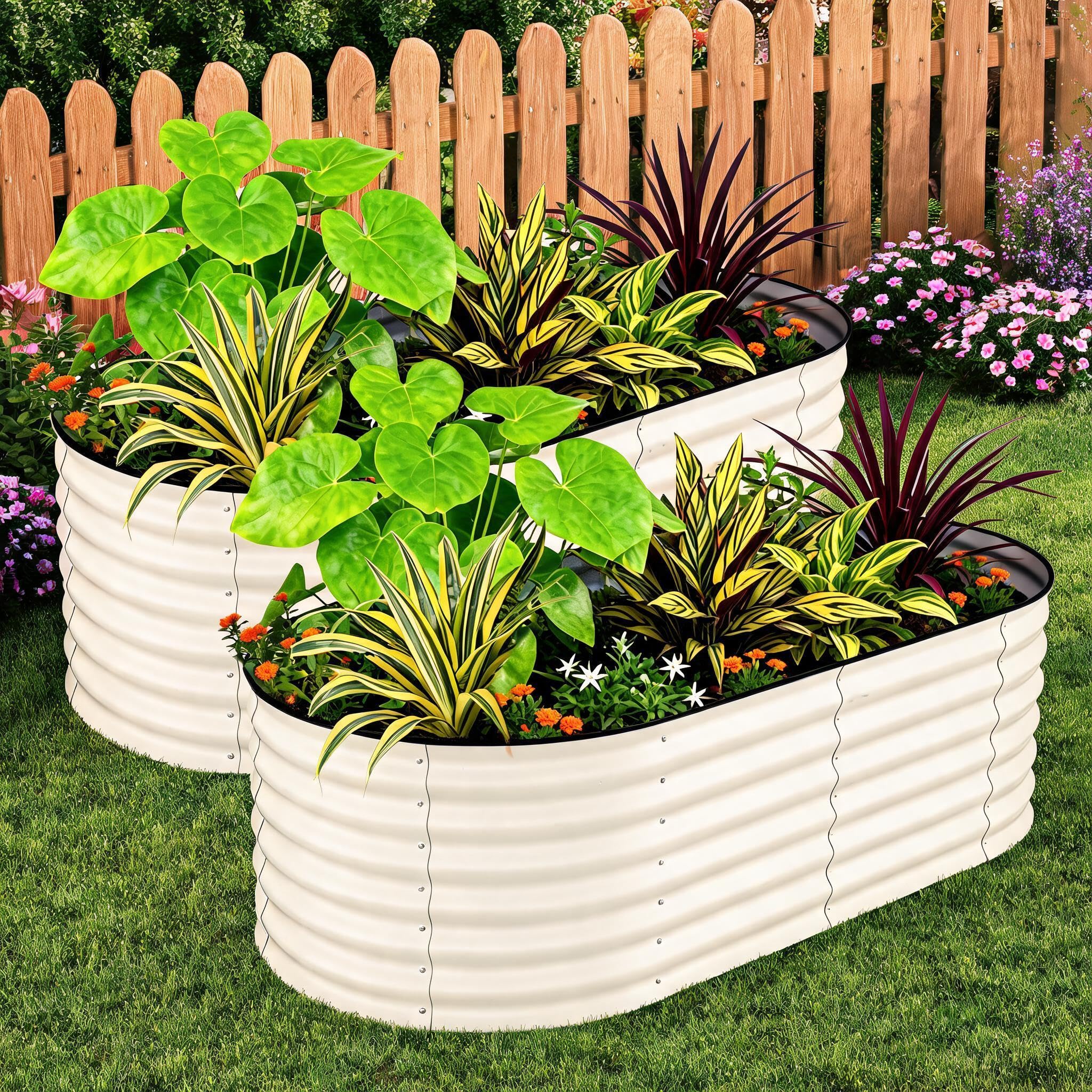 Aptliton 2-Pack Galvanized Steel Oval Raised Garden Beds, Open-Bottom Metal Planter Boxes, Rust & Corrosion Resistant, Easy Assembly, Safety Anti-Cut Edges - Beige, 180x90x60cm