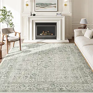 Sage Green Area Rug 9x12 Living Room Washable Carpet Vintage Distressed Non Slip Bedroom Carpet Neutral Low Pile Retro Floral Farmhouse Large Rug Home Office Dining Room Playroom
