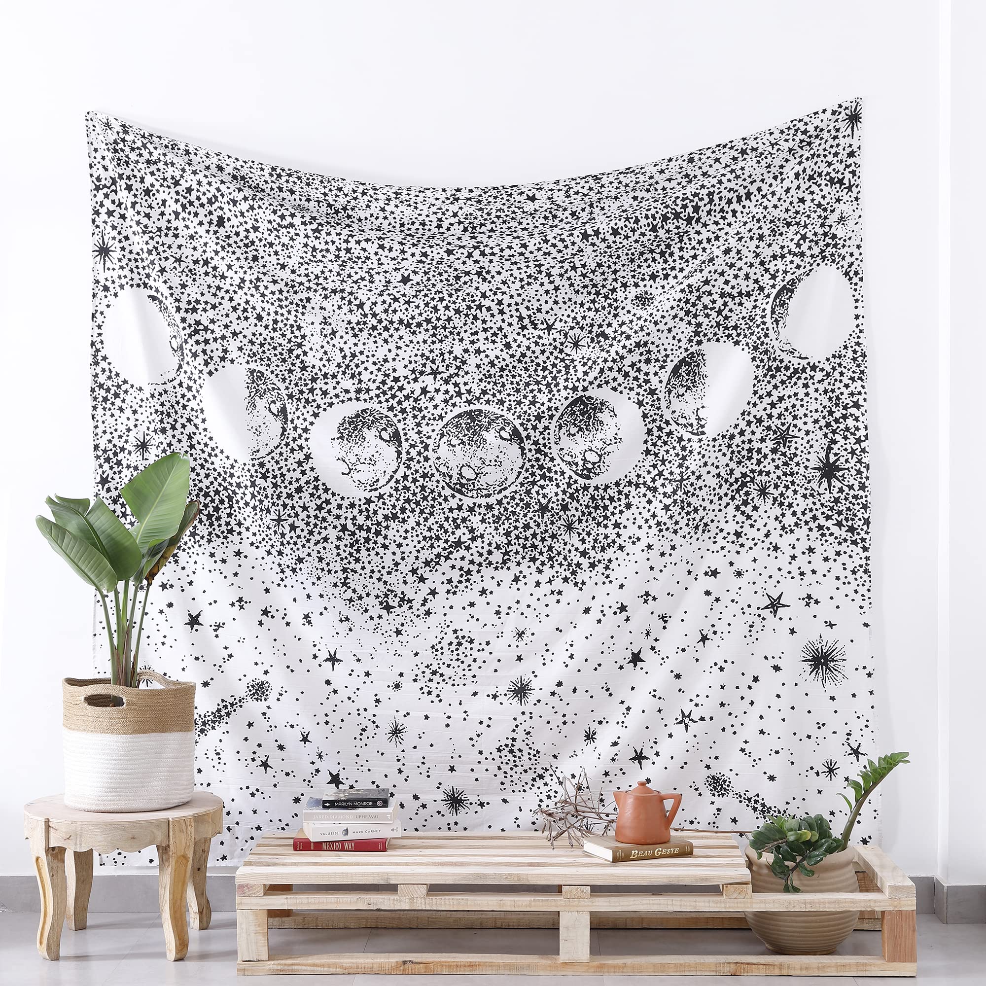 Popular Handicrafts Hippie Mandala Aesthetic- Black and White Moon seven phase Star Indian Bedspread Tapestry 84x90 Inches