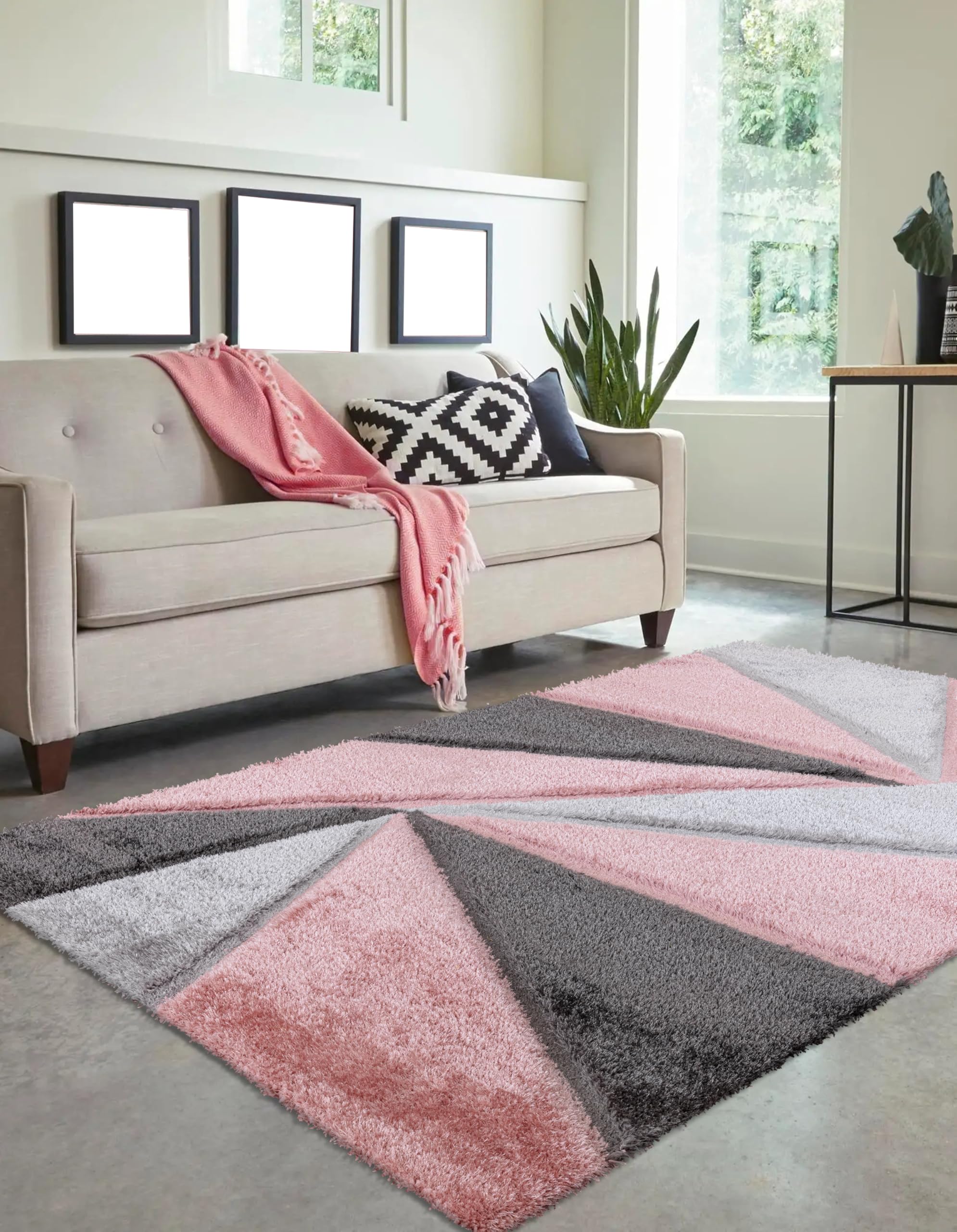 3D Illusion Shaggy Carpet Modern Geometric Area Rug for Living Room, Bedroom Soft Thick Pile Non-Shedding, Machine Made Polypropylene (Pink, 200 cm × 290 cm = 6.56 ft × 9.51 ft)