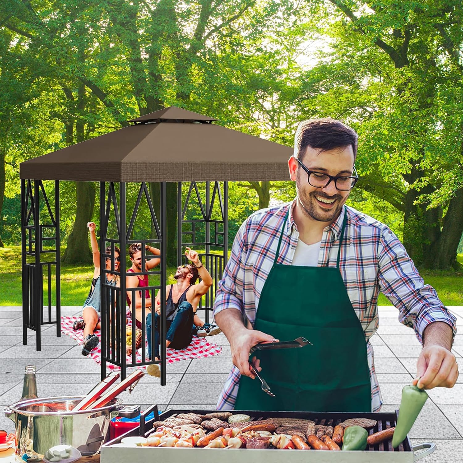 Gazebo Canopy Replacement 10x10ft Outdoor Shelter for Smaller Top Double Tiered Canopy Cover (Coffee)