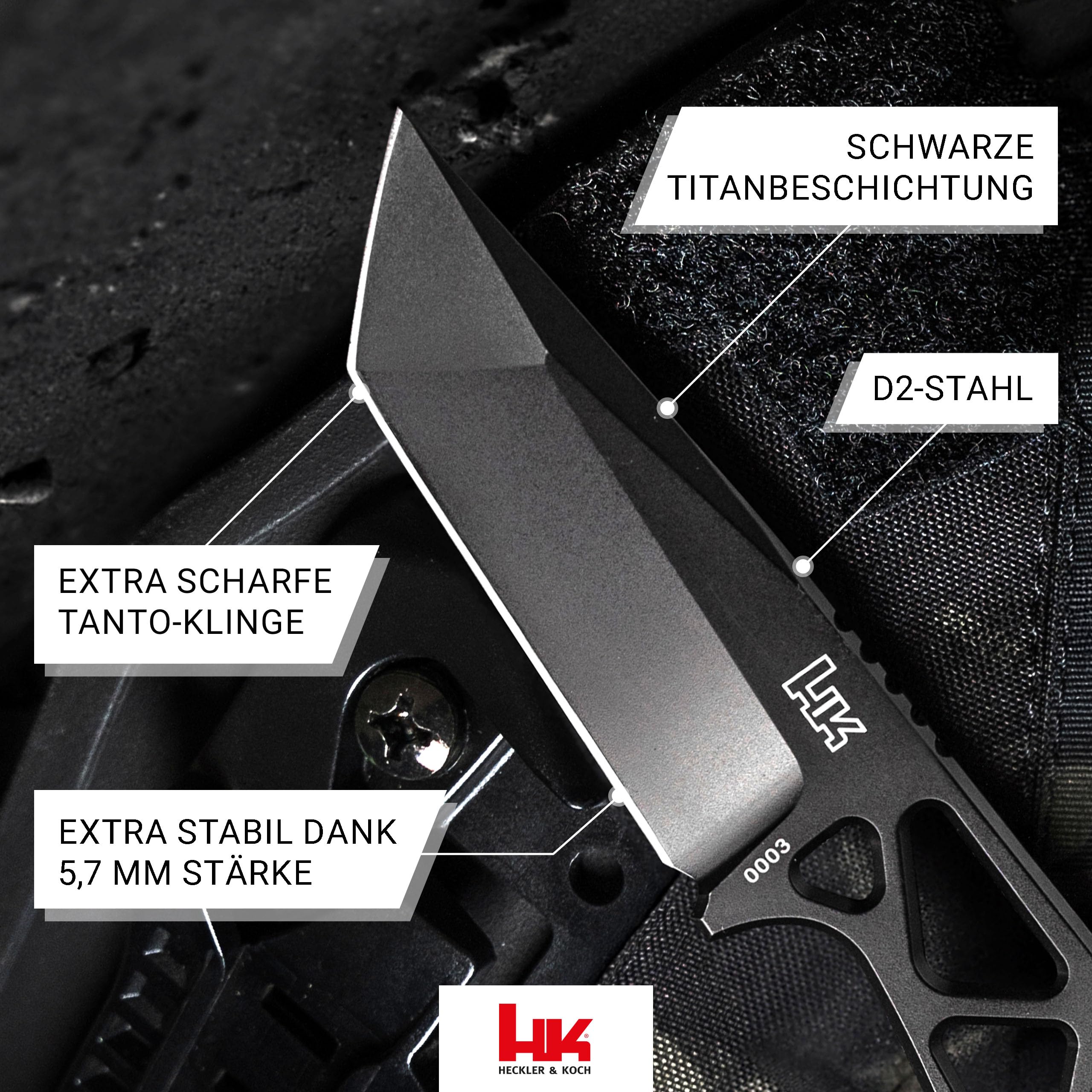 HECKLER & KOCH® FX01 - feststehendes Skelett Messer 42a konform - taktisches Einsatzmesser mit Kydex-Scheide & Gürtel-Clip - EDC Neck Knife mit 7,5 cm Tanto Klinge schwarz - Vollmetall Outdoormesser