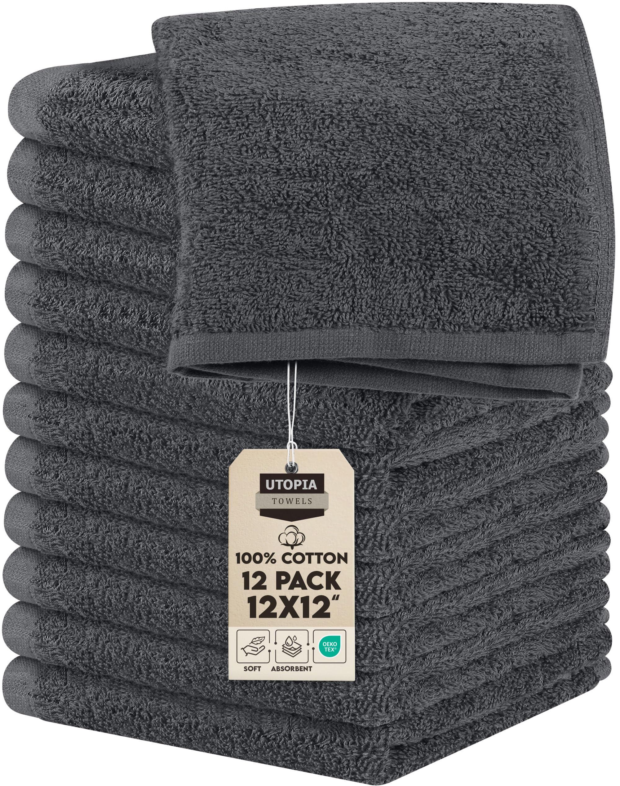 Utopia Towels Cotton Washcloths Set - 100% Ring Spun Cotton, Premium Quality Flannel Face Cloths, Highly Absorbent and Soft Feel Fingertip Towels (12 Pack, Grey)