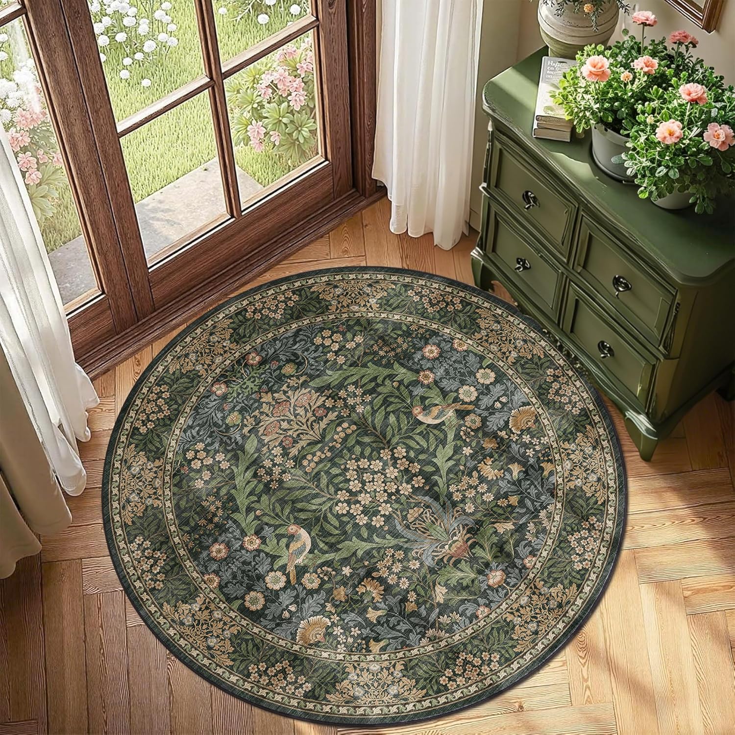 4ft Round Area Rugs for Living Room, Washable Floral Circle Rug Non Slip Low Pile, Vintage Boho Botanical Birds Throw Carpet for Farmhouse, Bedroom, Dining Room, Retro Gold/Green