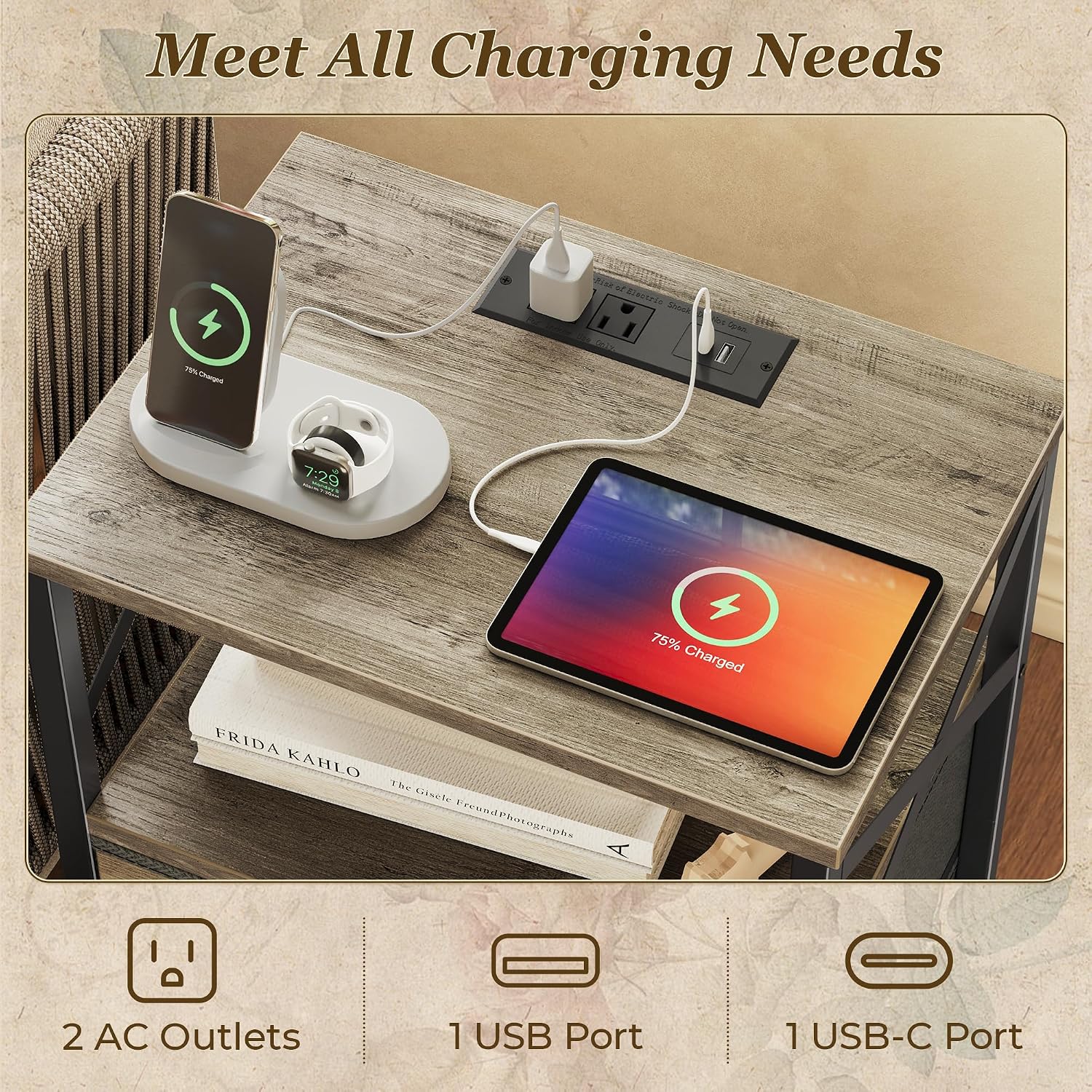 Close-up of the nightstand's charging station in use with a phone, smartwatch, and tablet