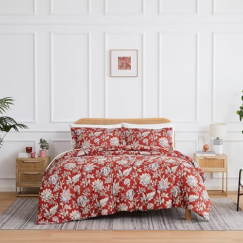 Miniatura 2 de Southshore Fine Living, Inc. Jacobean Willow Collection - Juego de funda de edredón tamaño individual, funda de edredón floral roja de 2 piezas con