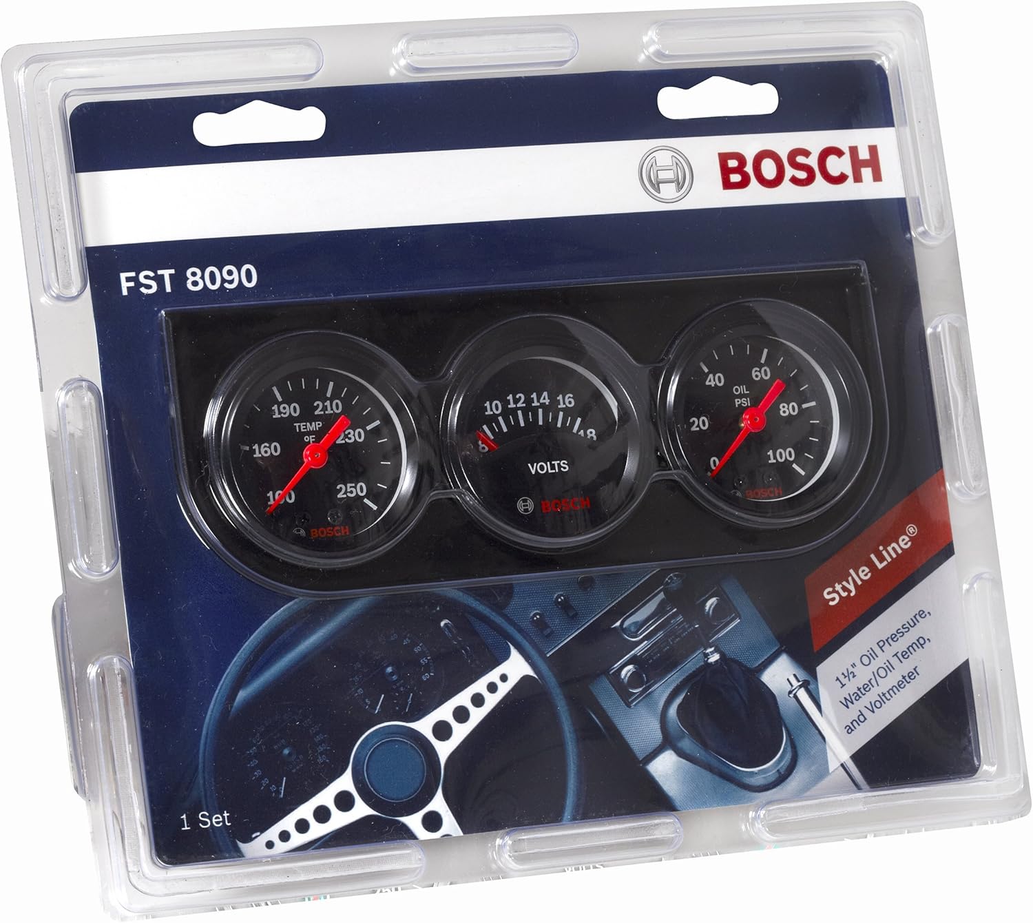 Bosch SP0F000037 Style Line 1-1/2" Mini Triple Gauge Kit (Black Dial Face, Black Bezel)