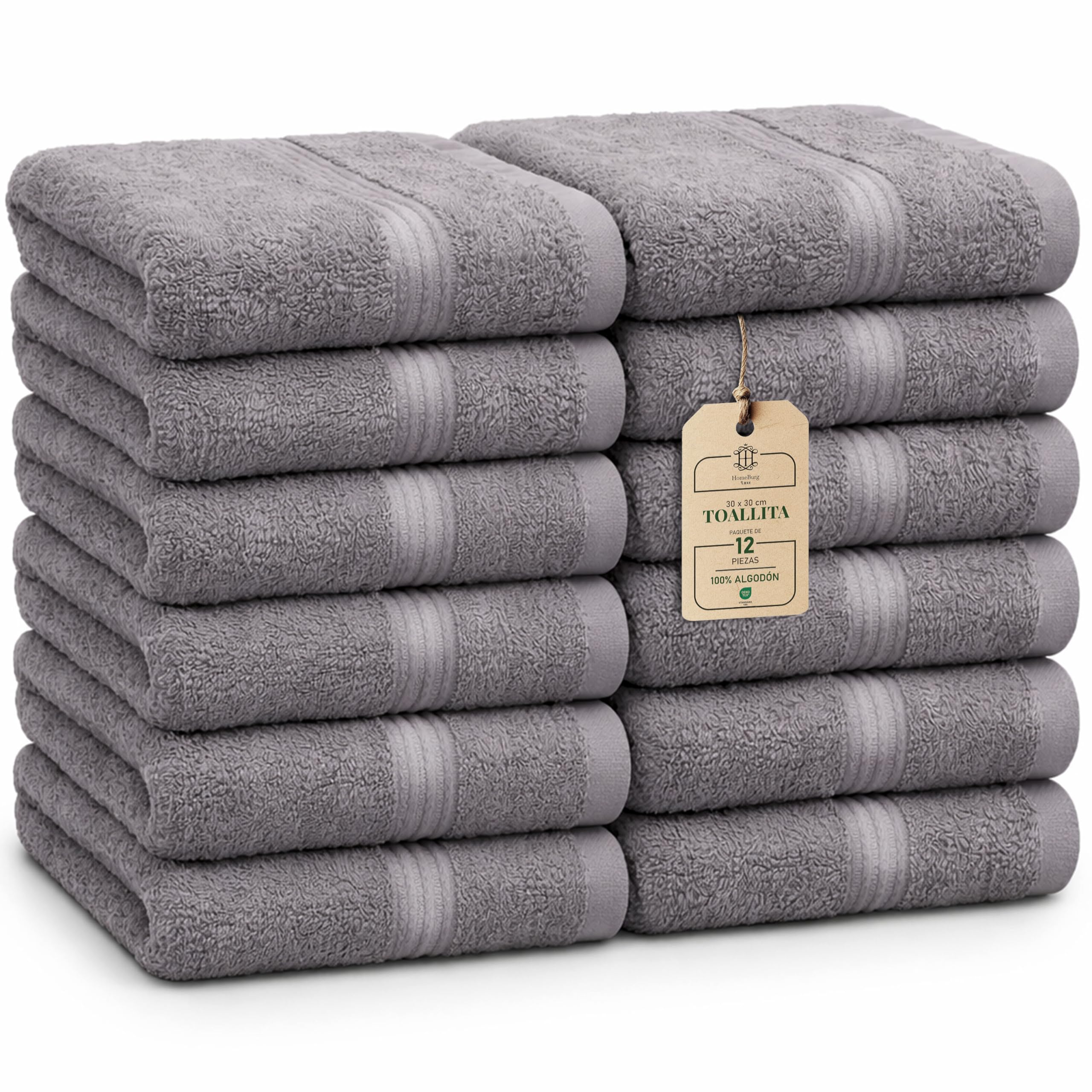 Luxe Set de 12 Toallas de Mano (Gants de Toilette) – 100% Algodón, Suaves & Absorbentes, Fáciles de Mantener, Premium para el Rostro, 30×30 cm, Gris Piedra