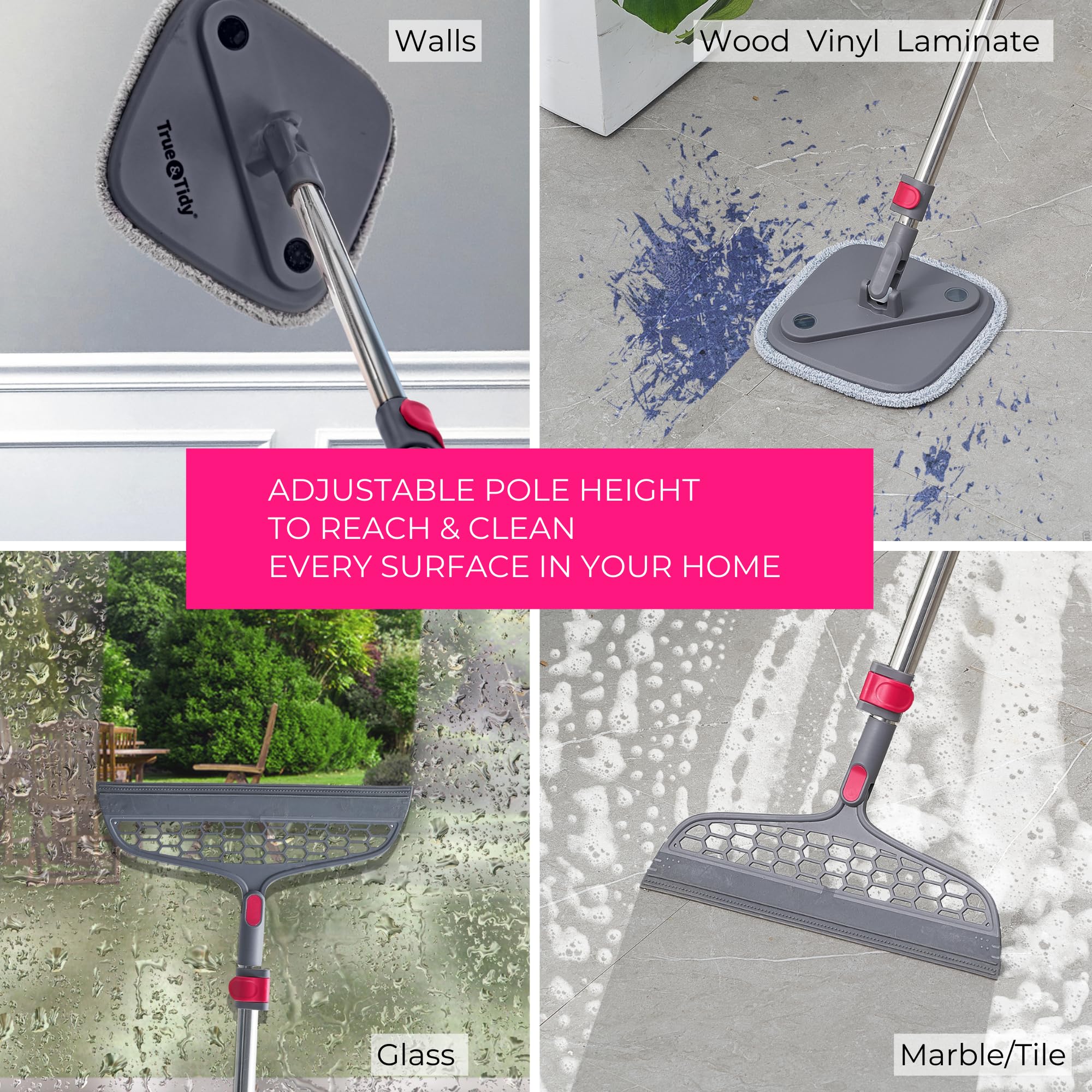 True & Tidy True Clean Mop spinningowy i system wiadra, w zestawie mop spinningowy, wiadro do mopa dwukomorowego, silikonowa zamiatarka podłogowa, 2 grube zmywalne podkładki do mopa z mikrofibry,