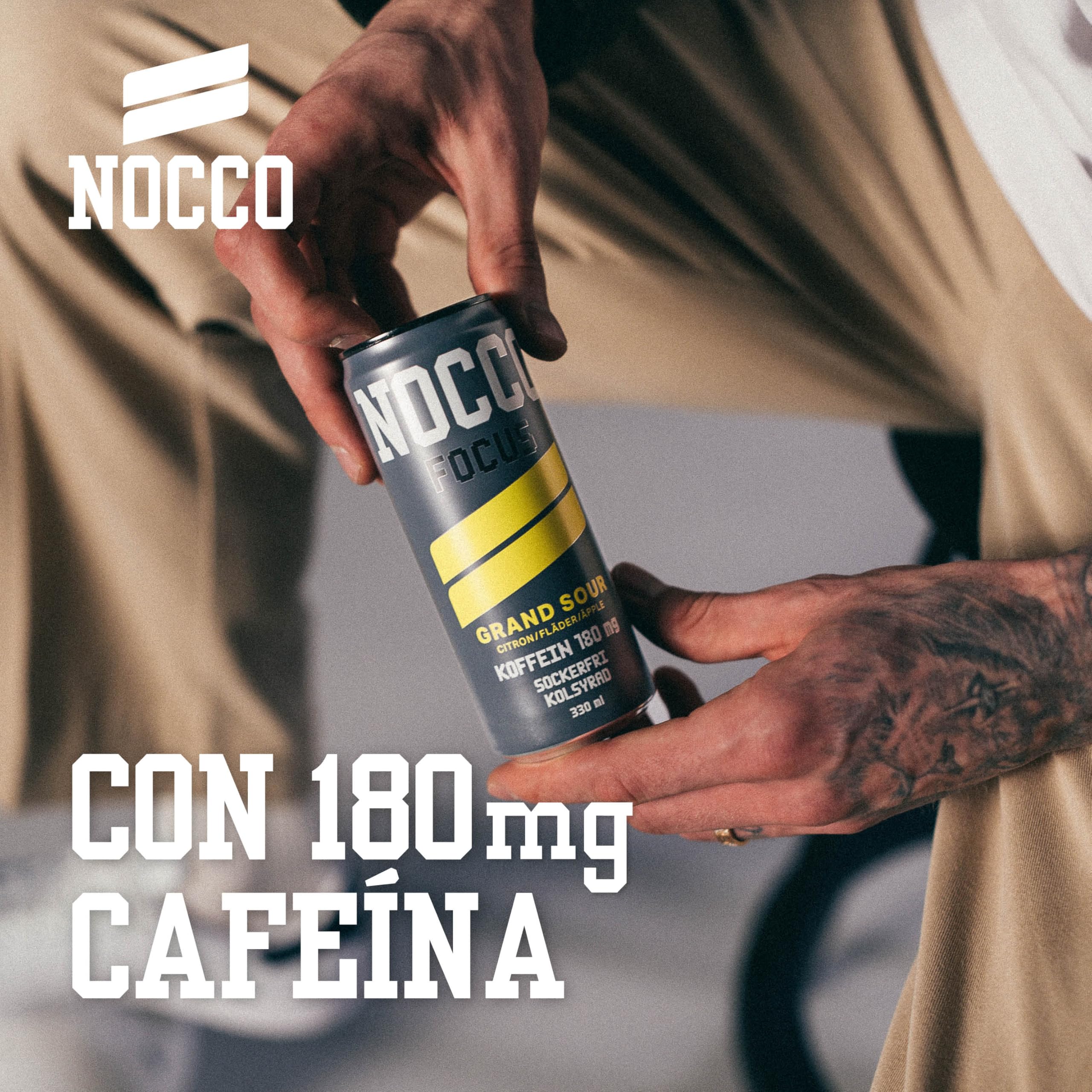 NOCCO -Bebida Energética con 180mg Cafeína, Enriquecida con Vitaminas B6 y B12, Sin Azúcar, Sin Carbohidratos - 24 x 330ml inkl. Pfand (Grand Sour)