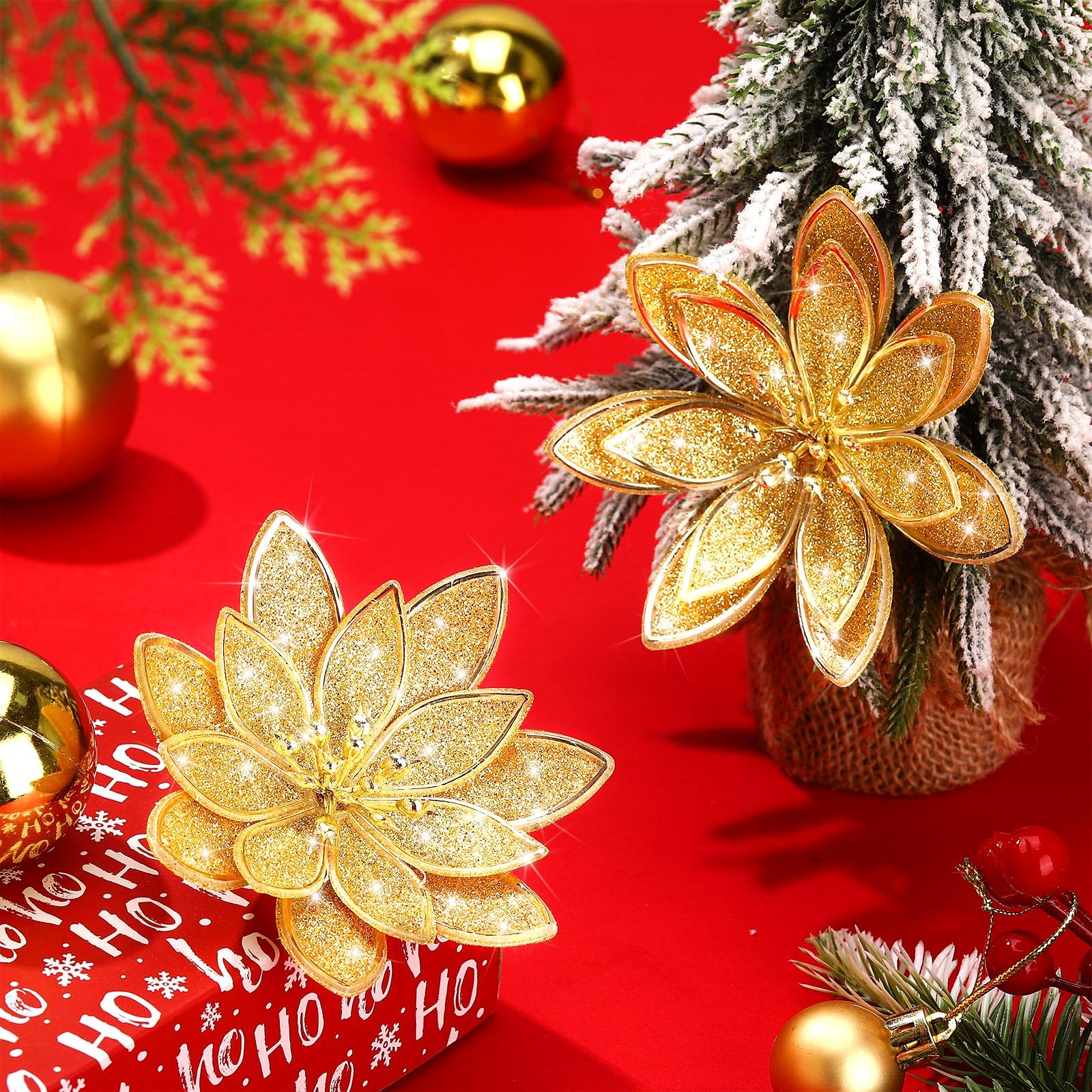 Lyrow 24 Stück Weihnachten Glitzer Weihnachtsstern Künstliche Blume mit Clips 10,2 cm Xmas Blumen Dekoration Weihnachtsbaum Kränze Girlande Dekor für Urlaub Party Ornamente (Gold)
