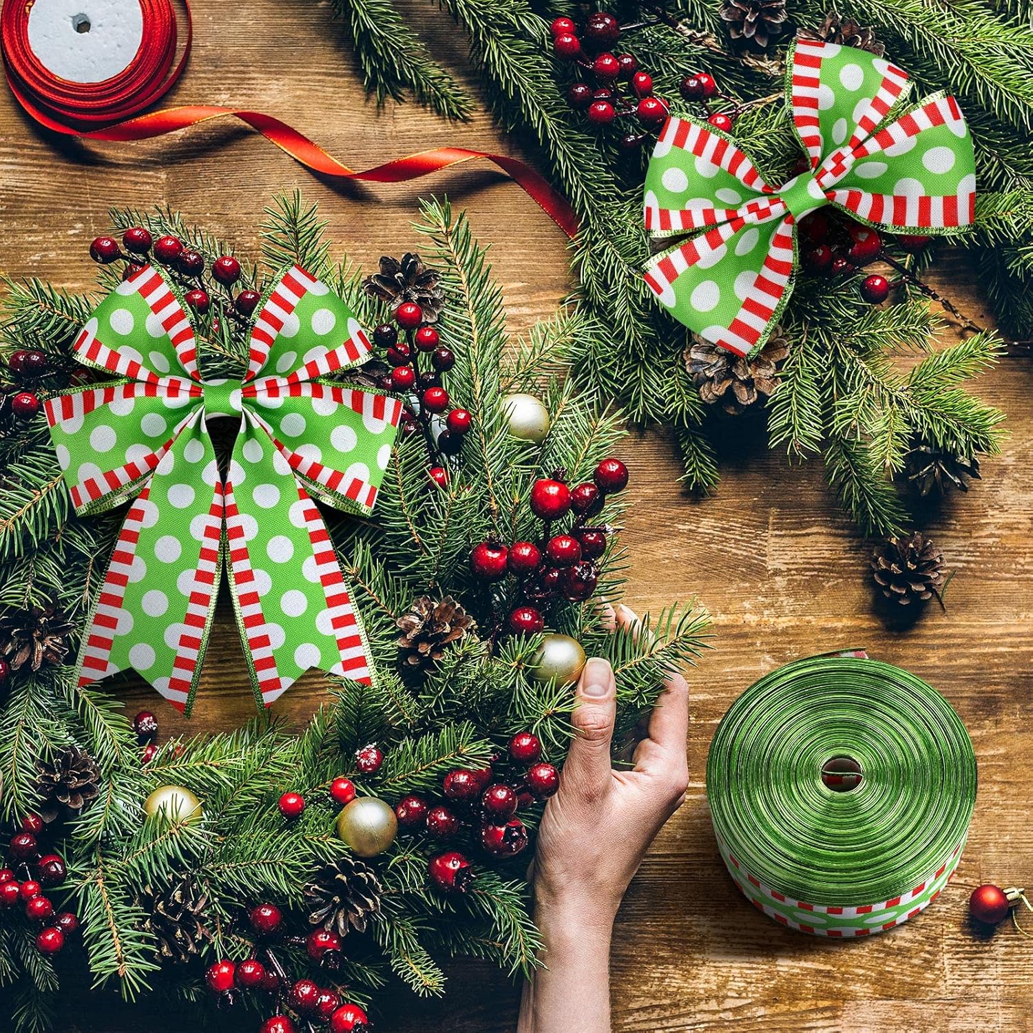 Syhood 2 Rolls Christmas Ribbon Wired 2.5 Inch Dots with Stripes 25 Yard Long Wired Wrapping Colorful Fabric Ribbon Xmas Decorative Ribbons for Christmas Decor Supplies, Dot Style