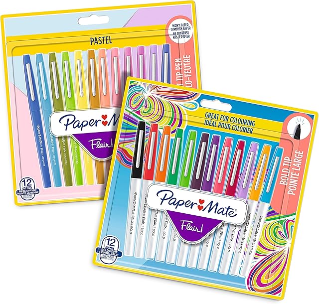 Paper Mate Flair Felt Tip Pens Set | Bright & Pastel Colouring Pens | Assorted Colours | Bold Tip (1mm) & Medium Tip (0.7mm) | 24 Count