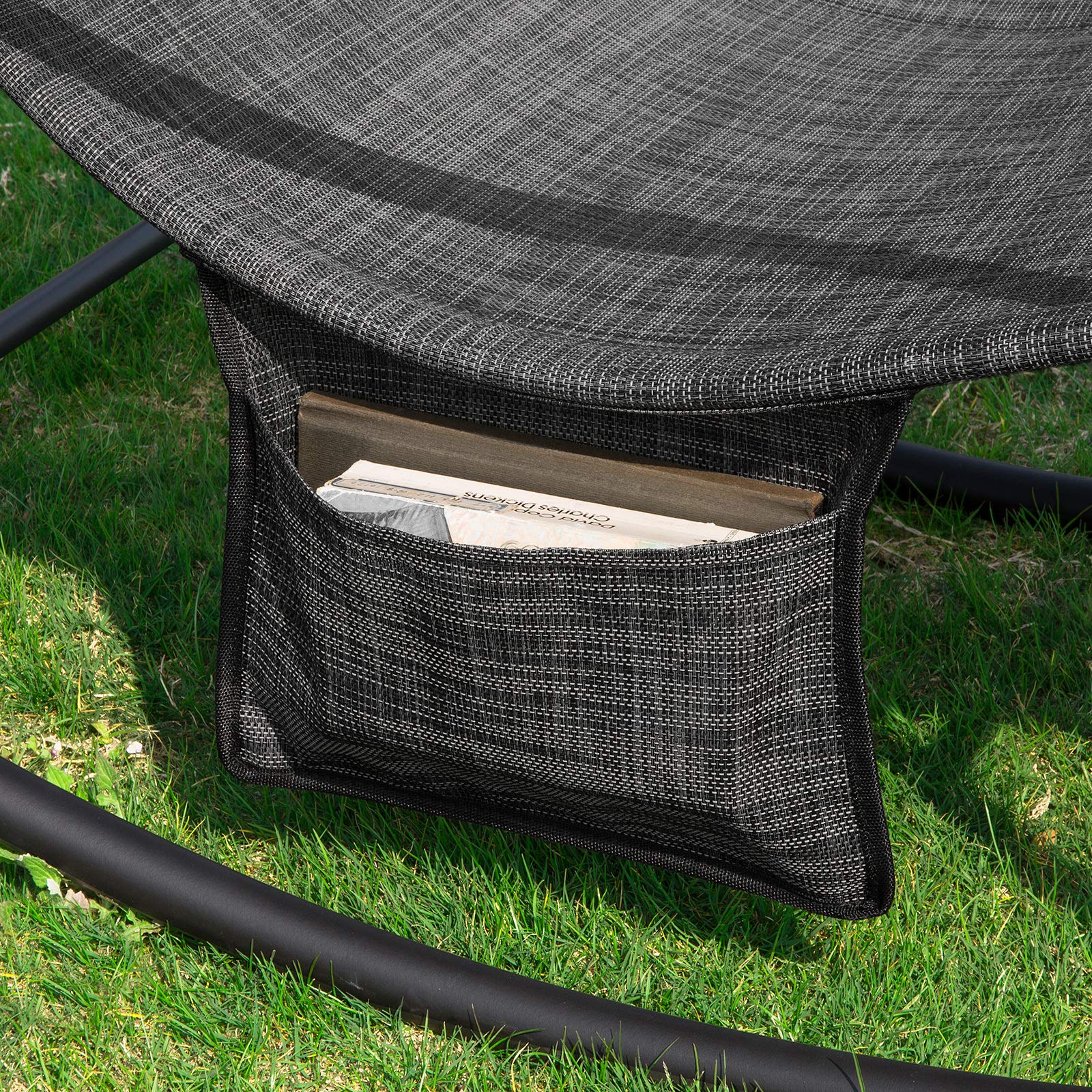 SoBuy Transat Jardin Exterieur Chaise Longue à Bascule Fauteuil Relax Extérieur avec Pochette Latérale Bain de Soleil pour Terrasse Balcon et Plage Noir 143x57x85 cm OGS47-MS
