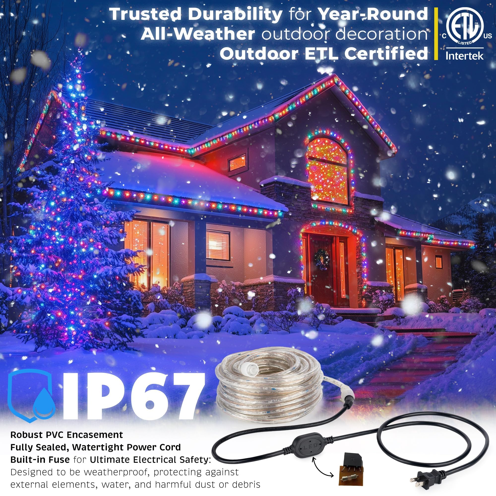 WYZworks 100 feet Multi-Color RGB LED Extendable Outside Tube Rope Lights - Permanent Exterior Outdoor Christmas Xmas Palm Tree Yard Holiday Decoration Accent Lighting | ETL Certified