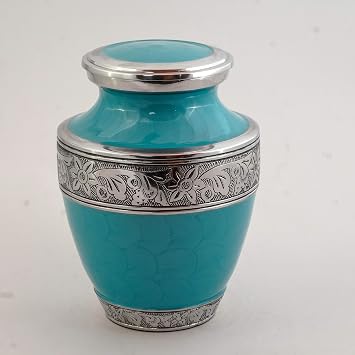 Silver Engraved Cremation Urn for Human Ashes Adult - Handcrafted Funeral Memorial Ash Storage Urn - Affordable Urn - Bag Included 5.5" x 5.5" x 8" - 150 lbs or 68 kg, Pearl Aqua