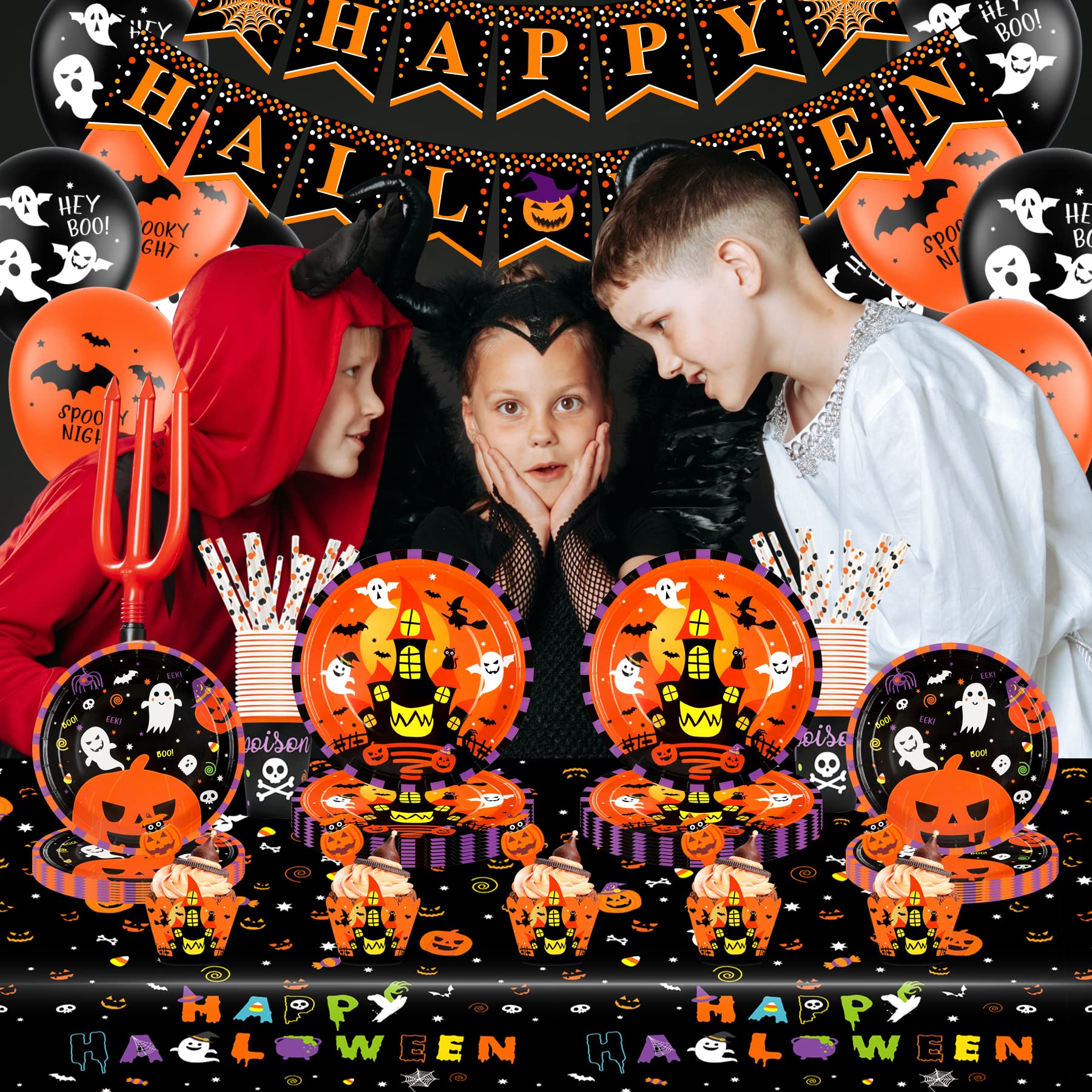 Amazon.com: Halloween Party Supplies Serves 20 Guests - 179 PCS Birthday  Decorations Set Include Disposable Paper Plates, Napkins, Cups, Tablewares,  Table Cover, Cupcake Wrappers Toppers, Banner, and Balloons : Toys & Games