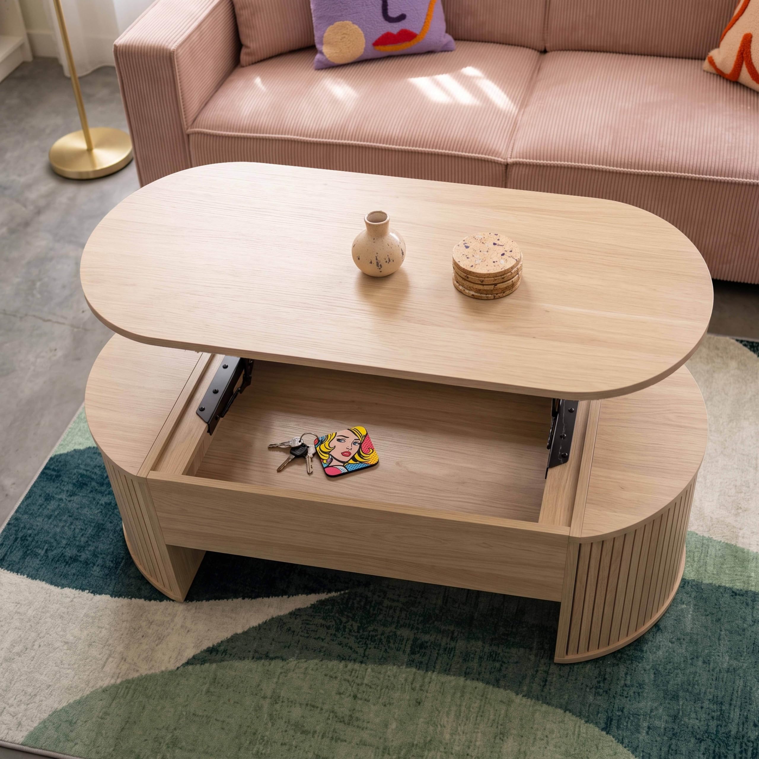 Oviala - Mesa baja ovalada con tapa elevable, efecto madera clara