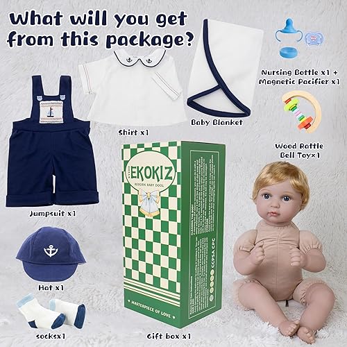 Miniatura 7 de EKOKIZ Muñeca de bebé recién nacido de 22 pulgadas, cuerpo de tela suave, muñecas realistas con ropa y accesorios de juguete, set de regalo ideal de