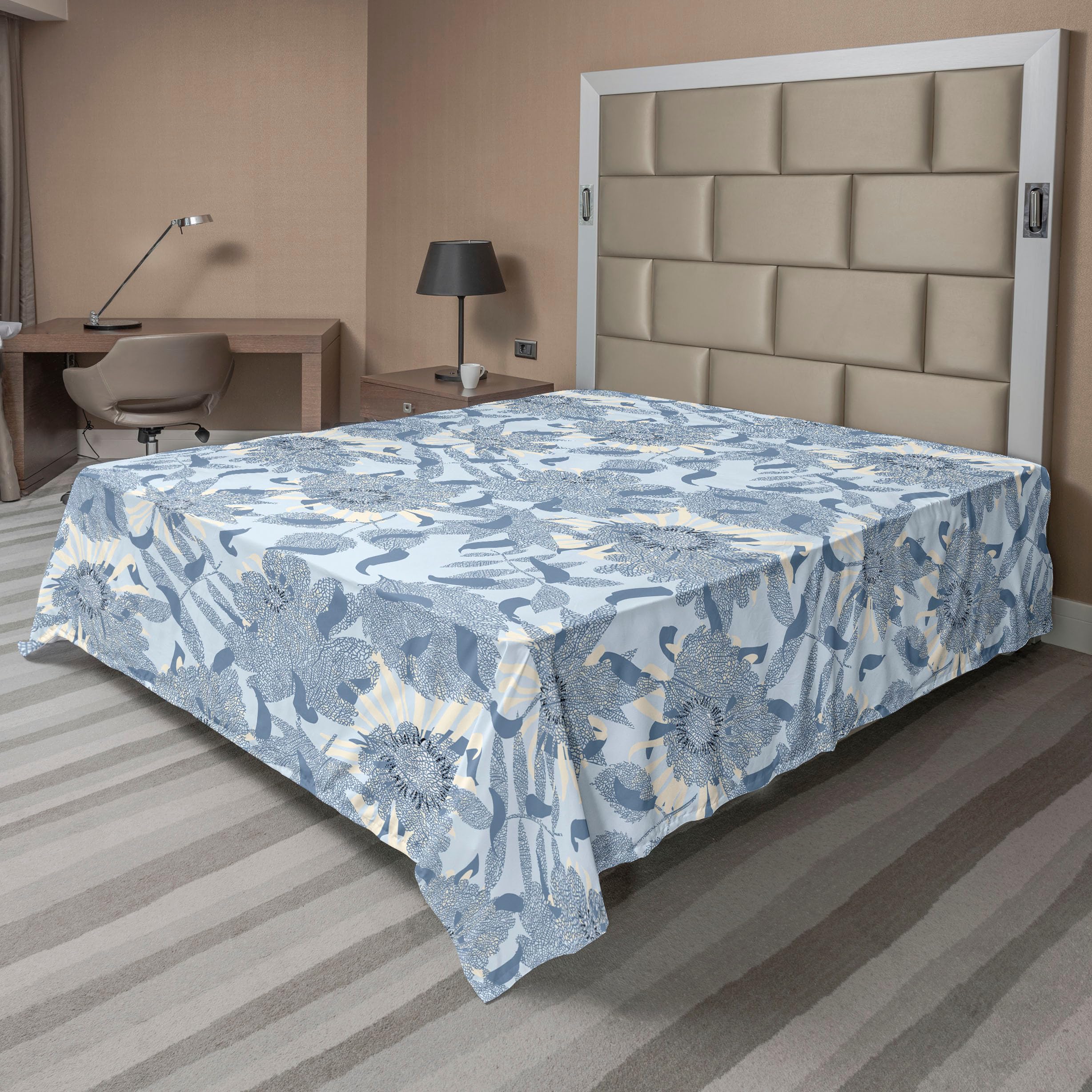 Ambesonne Abstract Floral Flat Sheet, Neutral Colors Daisy Pattern with Falling Leaves Pattern Modern, Soft Comfortable Top Sheet Decorative Bedding 1 Piece, King Size, Purpleblue Champagne