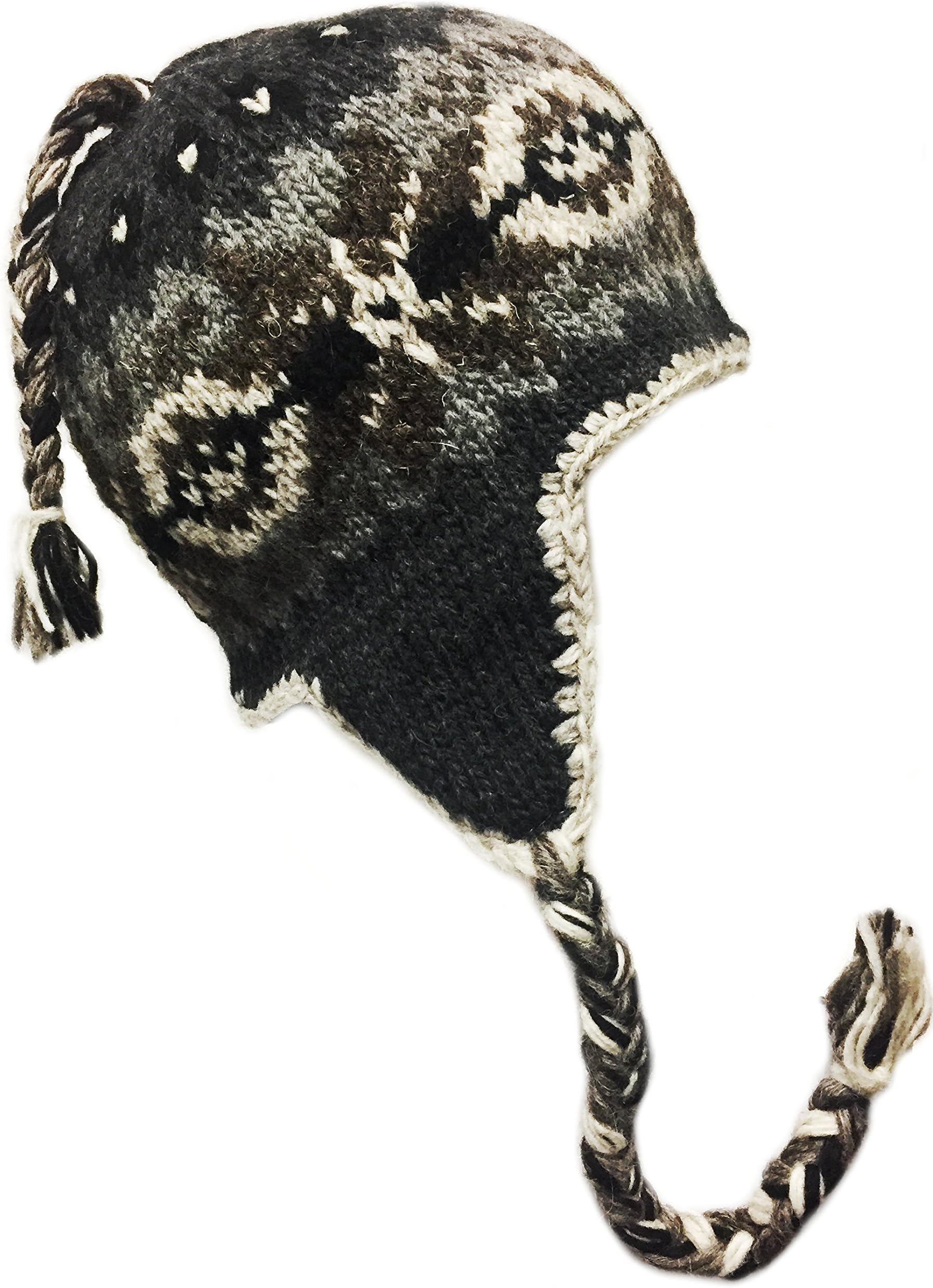 Nepal Hand Knit Sherpa Hat, Ear Flaps, Trapper Ski Wool Fleeced Lined (White/Brown/Grey Snowflake)