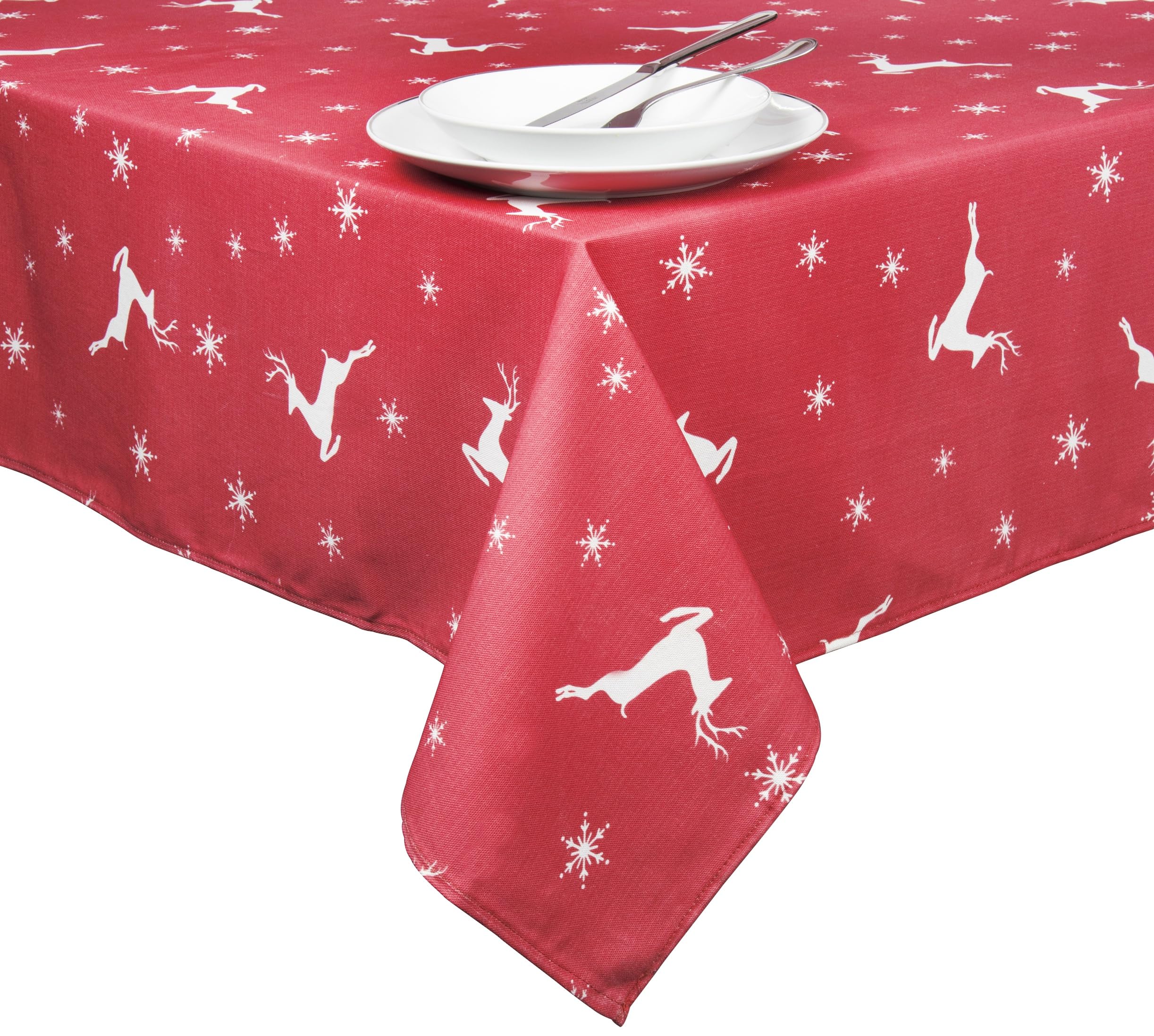 Excelsa Nordic Christmas Nappe de Noël, Rennes et Flocons de Neige, Rouge, 140 x 180 cm