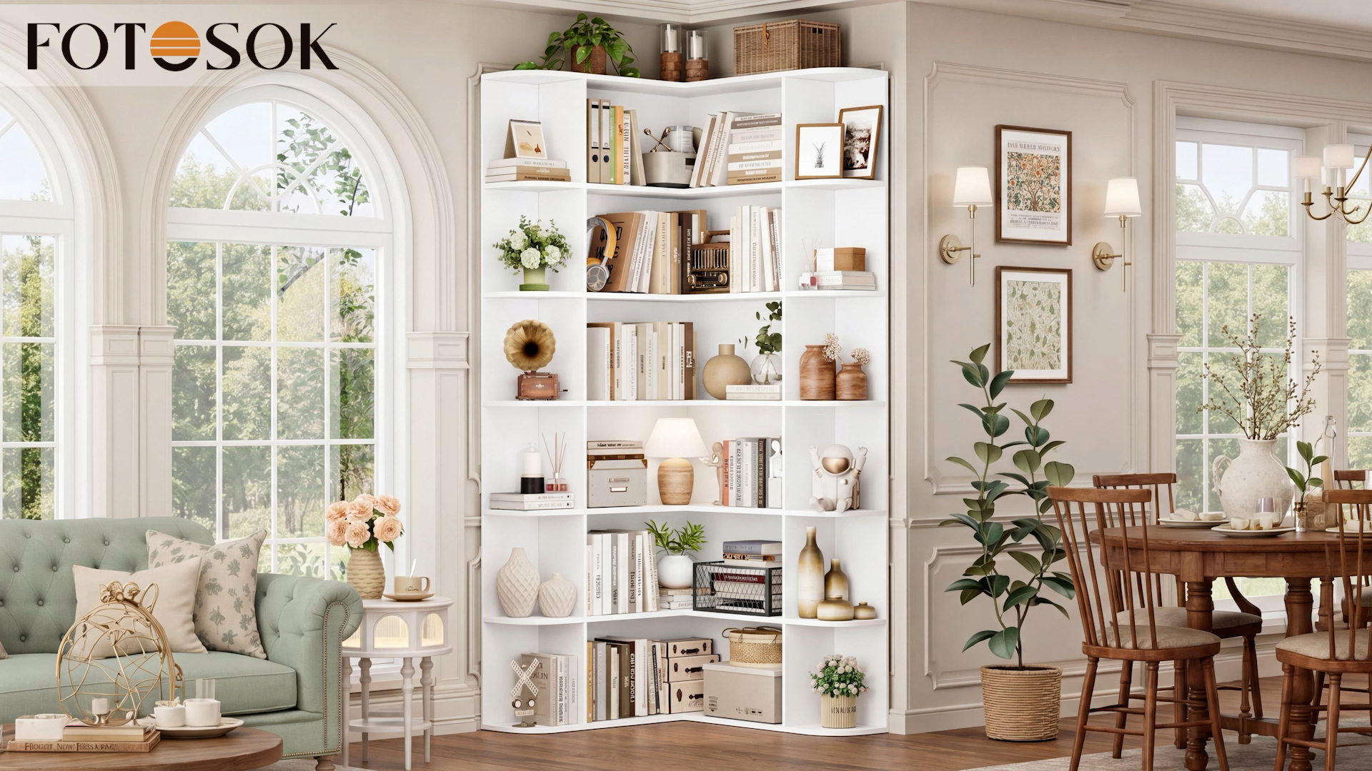 ID097353　本棚 Amazon.com: FOTOSOK 72” Tall Corner Bookshelf, 6-Tier Bookshelf