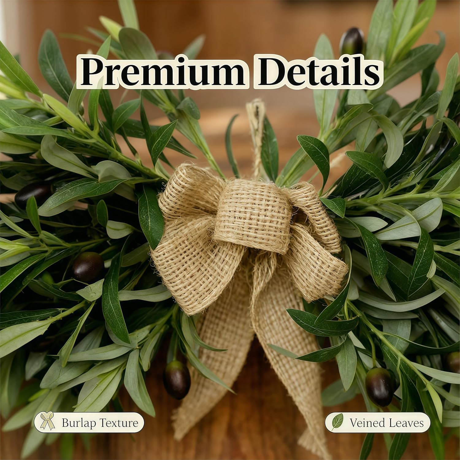 2026 Summer Upgraded Farmhouse Olive Leaf Greenery Swag with Premium Burlap Bow – Realistic Faux Foliage Decor with Full Design for Mantel, Table Centerpiece, Door & Mirror Display (Green 2Pcs)