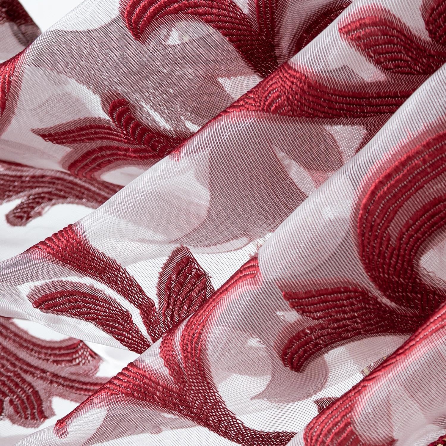 NAPEARL Tie Up Curtains Burgundy Jacquard Balloon Curtains for Kitchen Window, Light Filtering Rod Pocket Sheer Curtain Valance for Bathroom Small Window Holiday Decor, 1 Panel image 2
