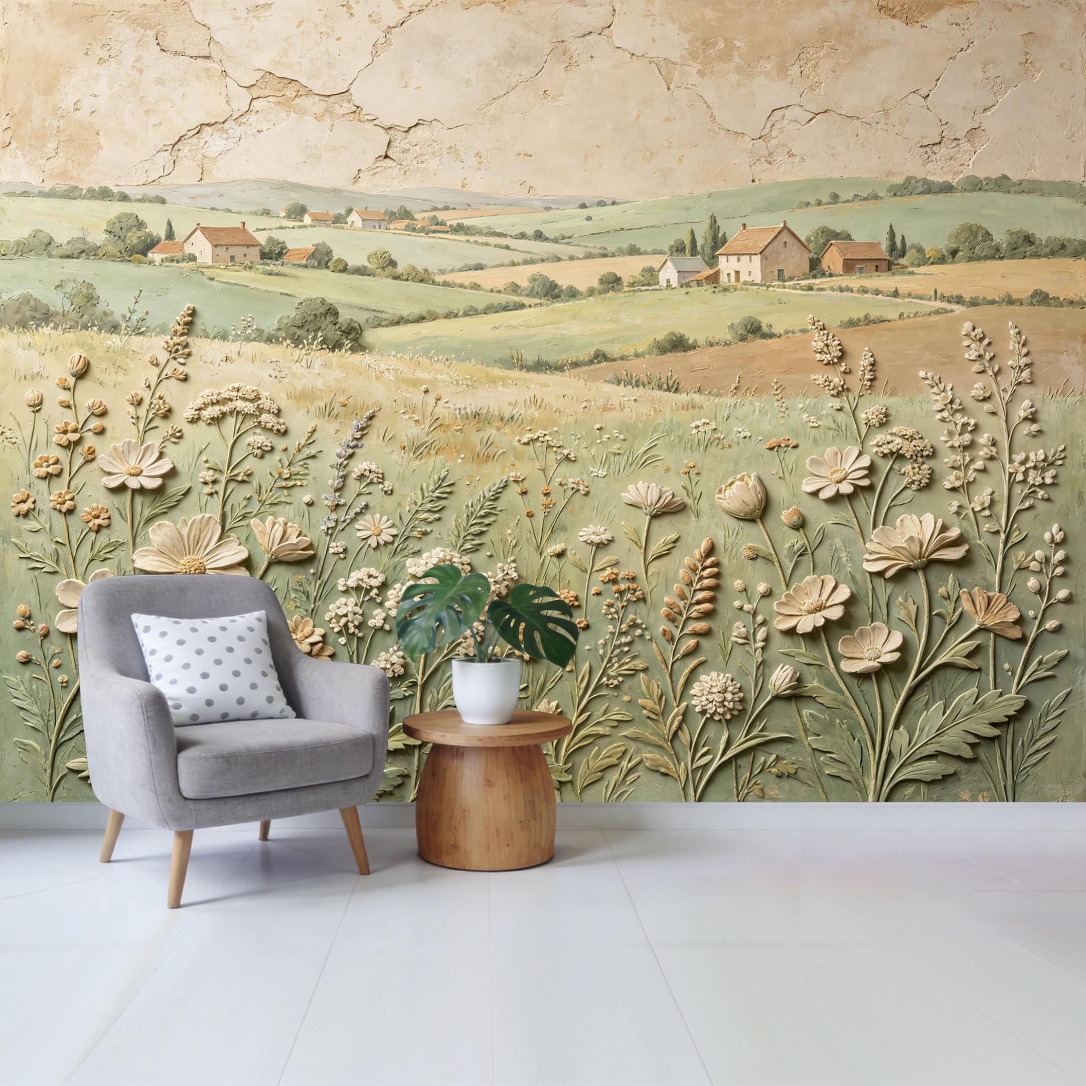 Qzlithotic Yq2605251179 Custom Size Wall Mural Rustic Farmhouse Meadow Landscape Textured Wildflower Oil Painting Selfadhesive Wall Fabric Removable Wallpaper For Home Office Decor