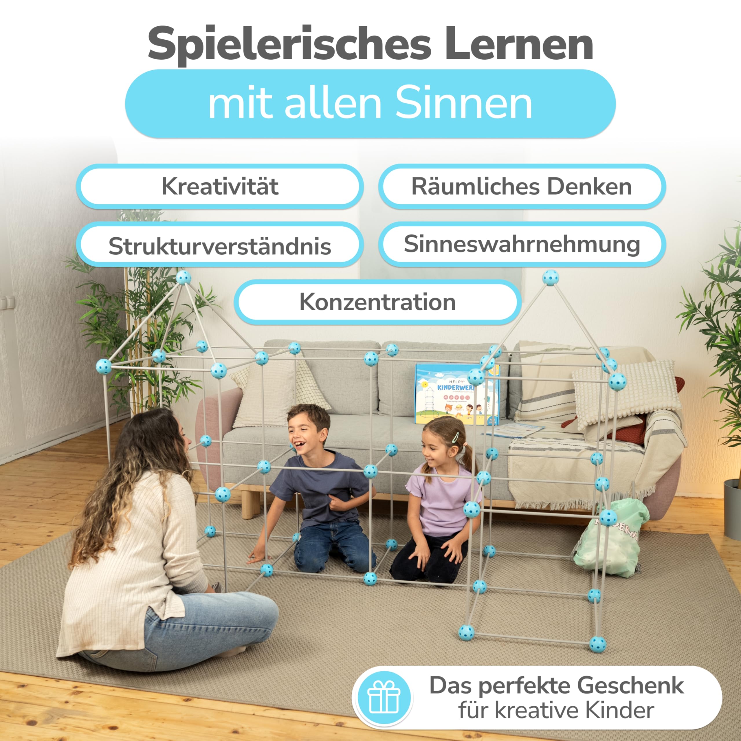 KINDERWERK - Konstruktionsspielzeug – 140-teiliges Set zum Höhle Bauen für Kinder – Unterstützt Kreativität & räumliches Denken – Indoor & Outdoor Spielzeug (blau/grau) (Packung mit 2)