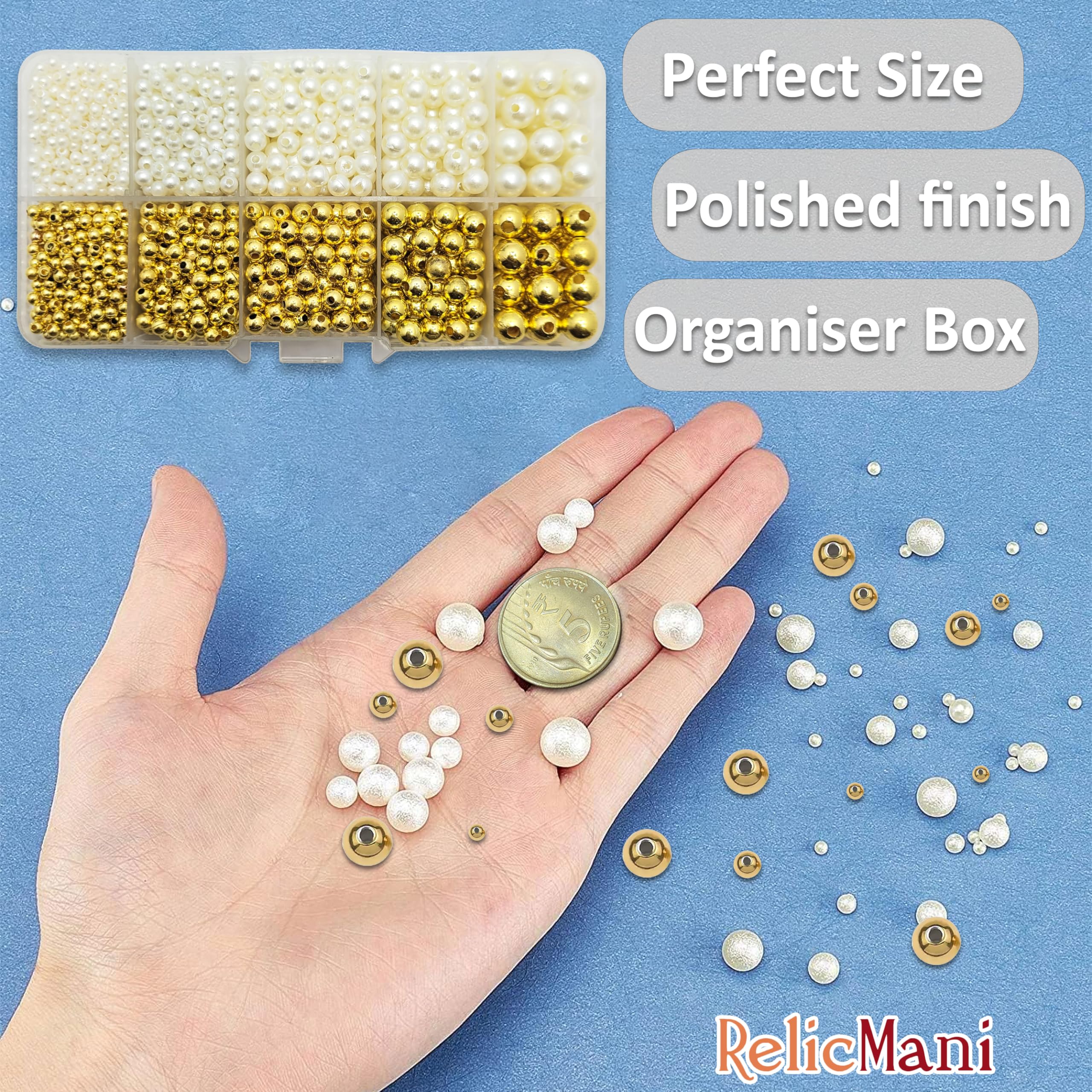 RelicMani Pearl Moti Beads Kit | Beads for Jewellery Making & Craft | Rectangle Organizer Box with 3-8mm Pearls for Aari Work, Rakhi, DIY Projects (Offwite Gold) 1