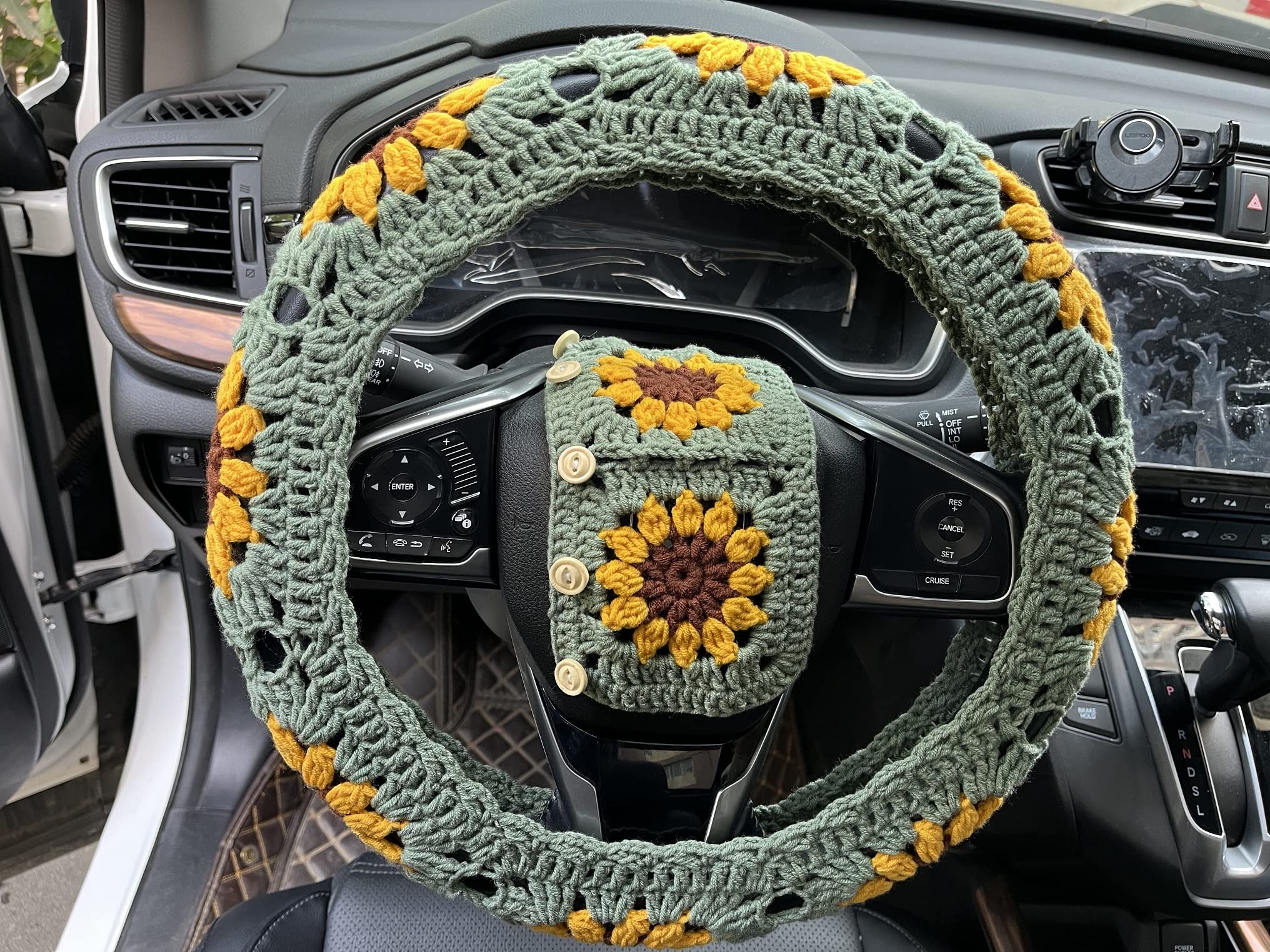 Housses de volant de voiture universelles faites à la main en crochet avec tournesol de 35,6 à 38,1 cm pour homme et femme (housse de volant + 2 housses de ceinture de Housses de volant de voiture universelles faites à la main en crochet avec tournesol de 35,6 à 38,1 cm pour homme et femme (housse de volant + 2 housses de ceinture de