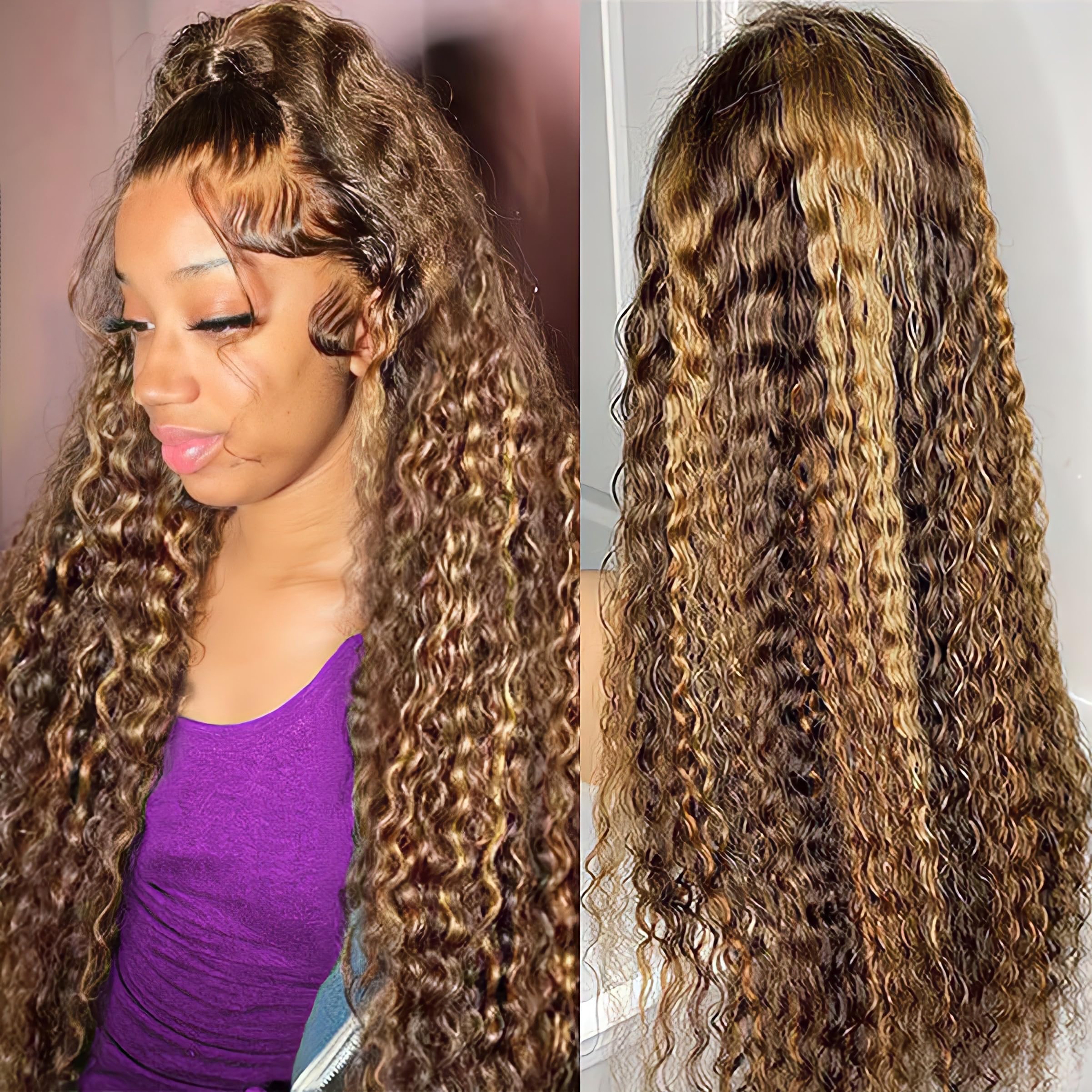 LAINSS P4/27 Highlight Deep Wave Wig Human Hair 13X6 Highlight Lace Front Wig Human Hair 210% Density Ombre Curly HD Transparent Lace Frontal Wigs